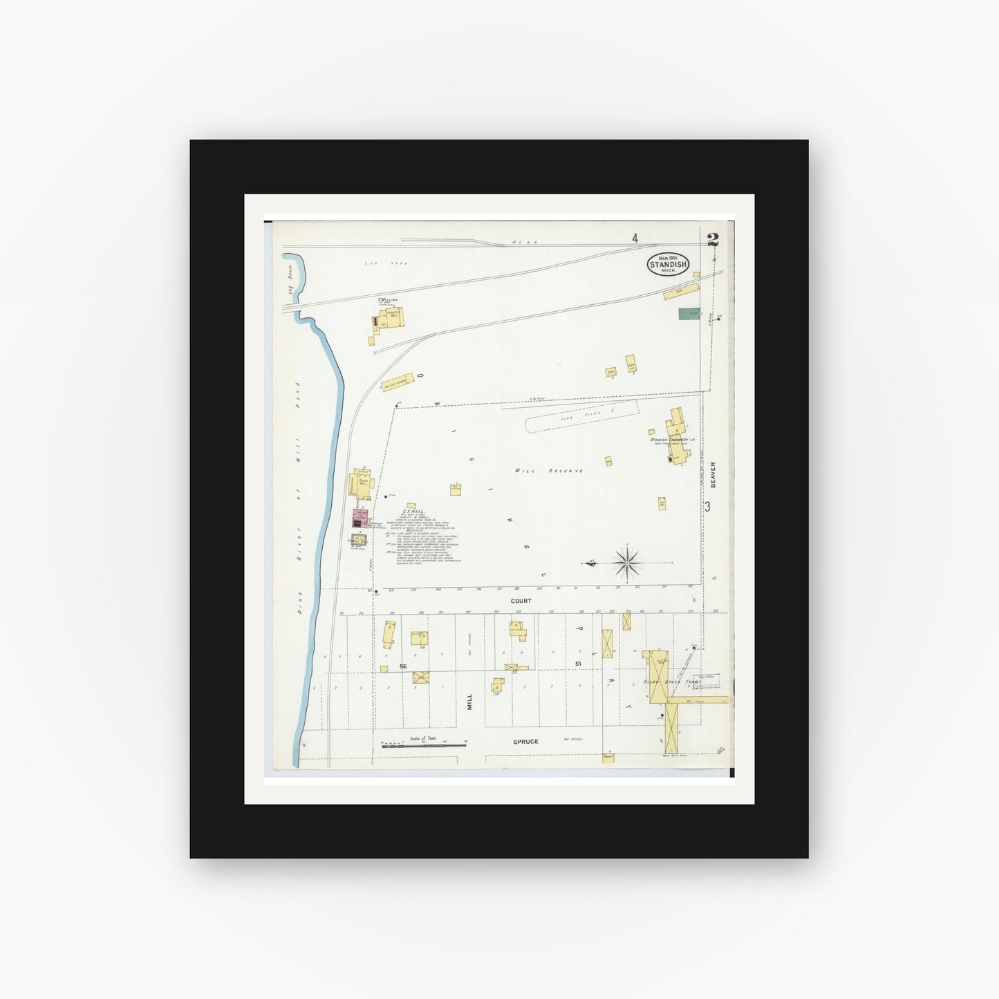 Old map wall art mockup — black gallery frame with white mat — Sanborn Fire Insurance Map from Standish, Arenac County, Michigan (1909), Sheet #0002