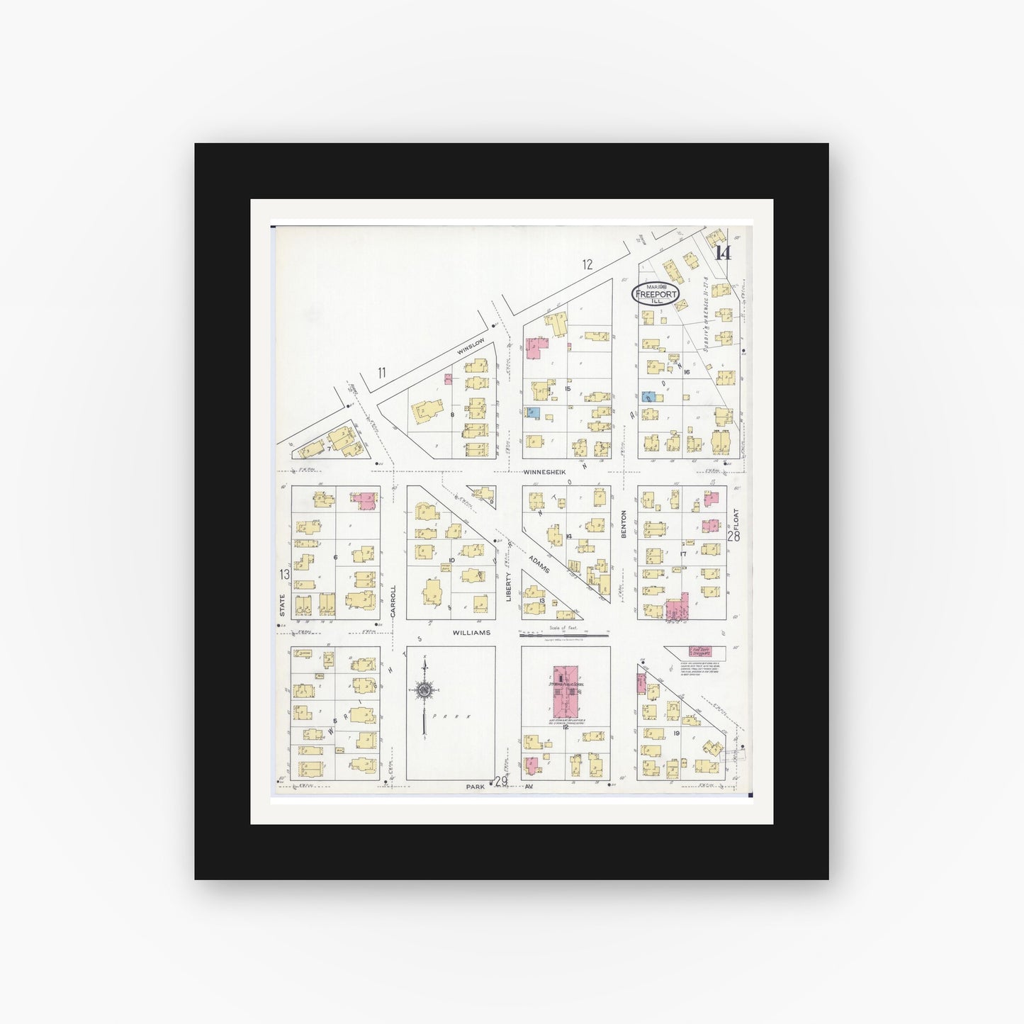 Old map wall art mockup — black gallery frame with white mat — Sanborn Fire Insurance Map from Freeport, Stephenson County, Illinois (1918), Sheet #0014