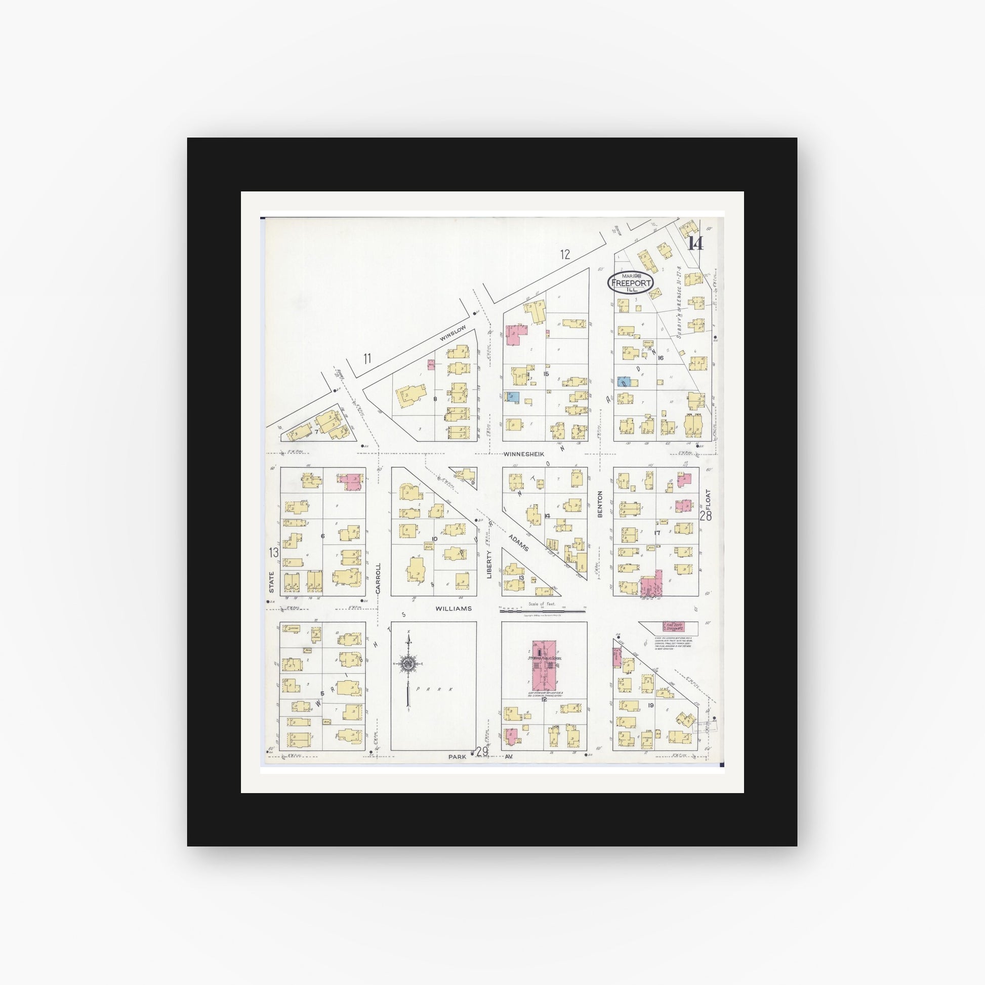 Old map wall art mockup — black gallery frame with white mat — Sanborn Fire Insurance Map from Freeport, Stephenson County, Illinois (1918), Sheet #0014