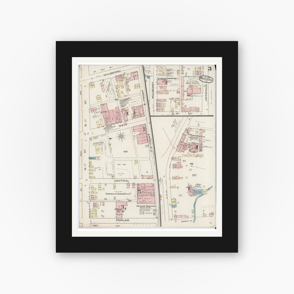 Old map wall art mockup — black gallery frame with white mat — Sanborn Fire Insurance Map from Madison, Jefferson County, Indiana (1886), Sheet #0003