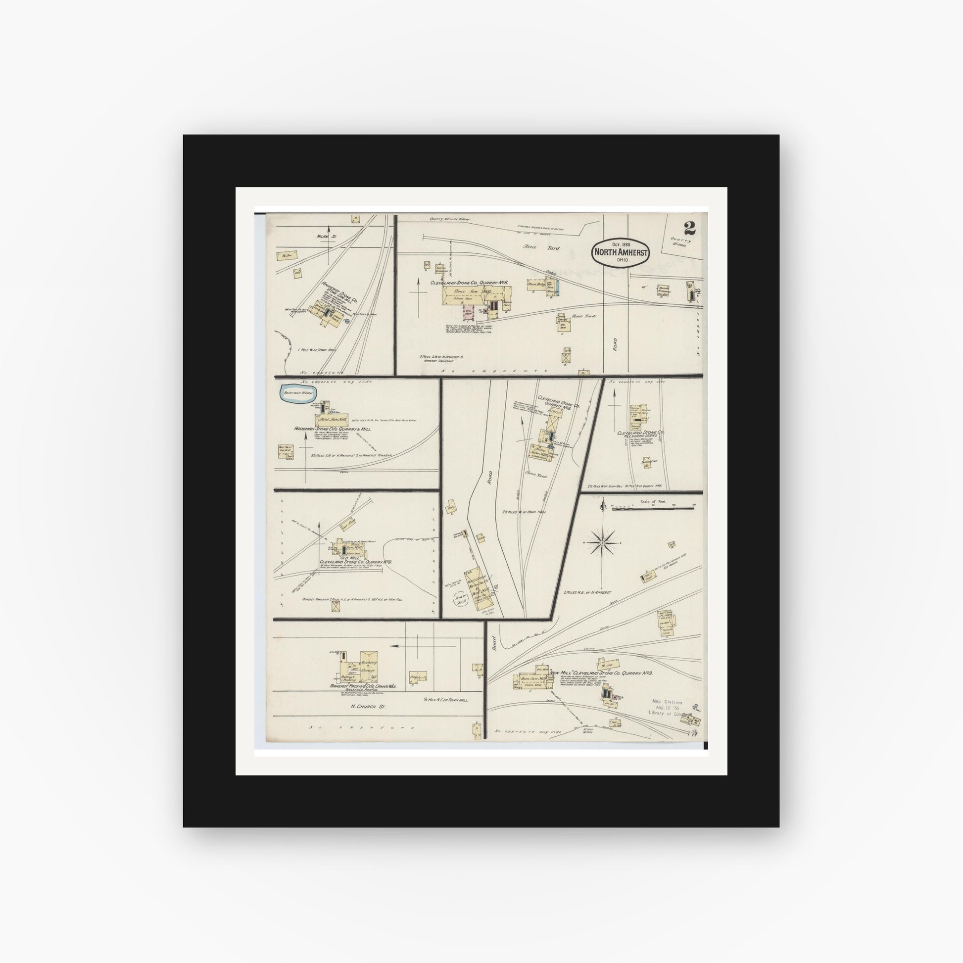 Old map wall art mockup — black gallery frame with white mat — Sanborn Fire Insurance Map from North Amherst, Lorain County, Ohio (1888), Sheet #0002