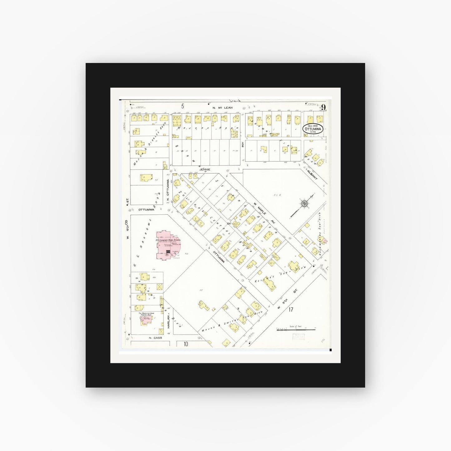 Old map wall art mockup — black gallery frame with white mat — Sanborn Fire Insurance Map from Ottumwa, Wapello County, Iowa (1909), Sheet #0009