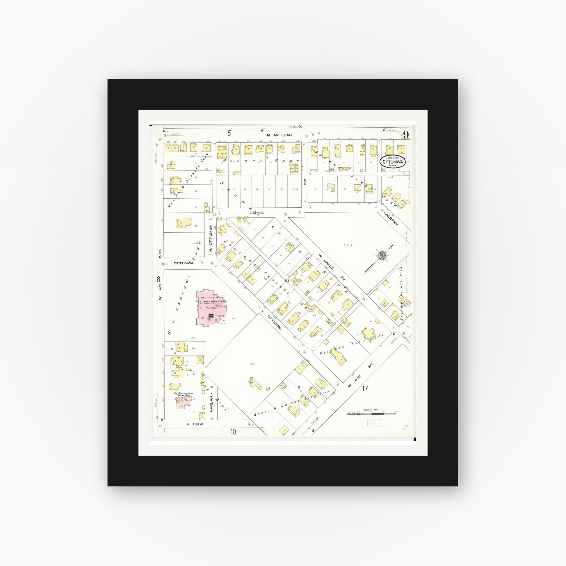 Old map wall art mockup — black gallery frame with white mat — Sanborn Fire Insurance Map from Ottumwa, Wapello County, Iowa (1909), Sheet #0009