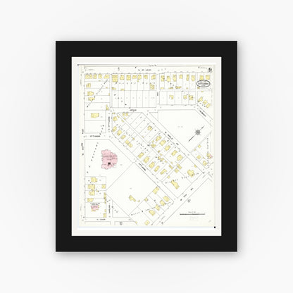 Old map wall art mockup — black gallery frame with white mat — Sanborn Fire Insurance Map from Ottumwa, Wapello County, Iowa (1909), Sheet #0009