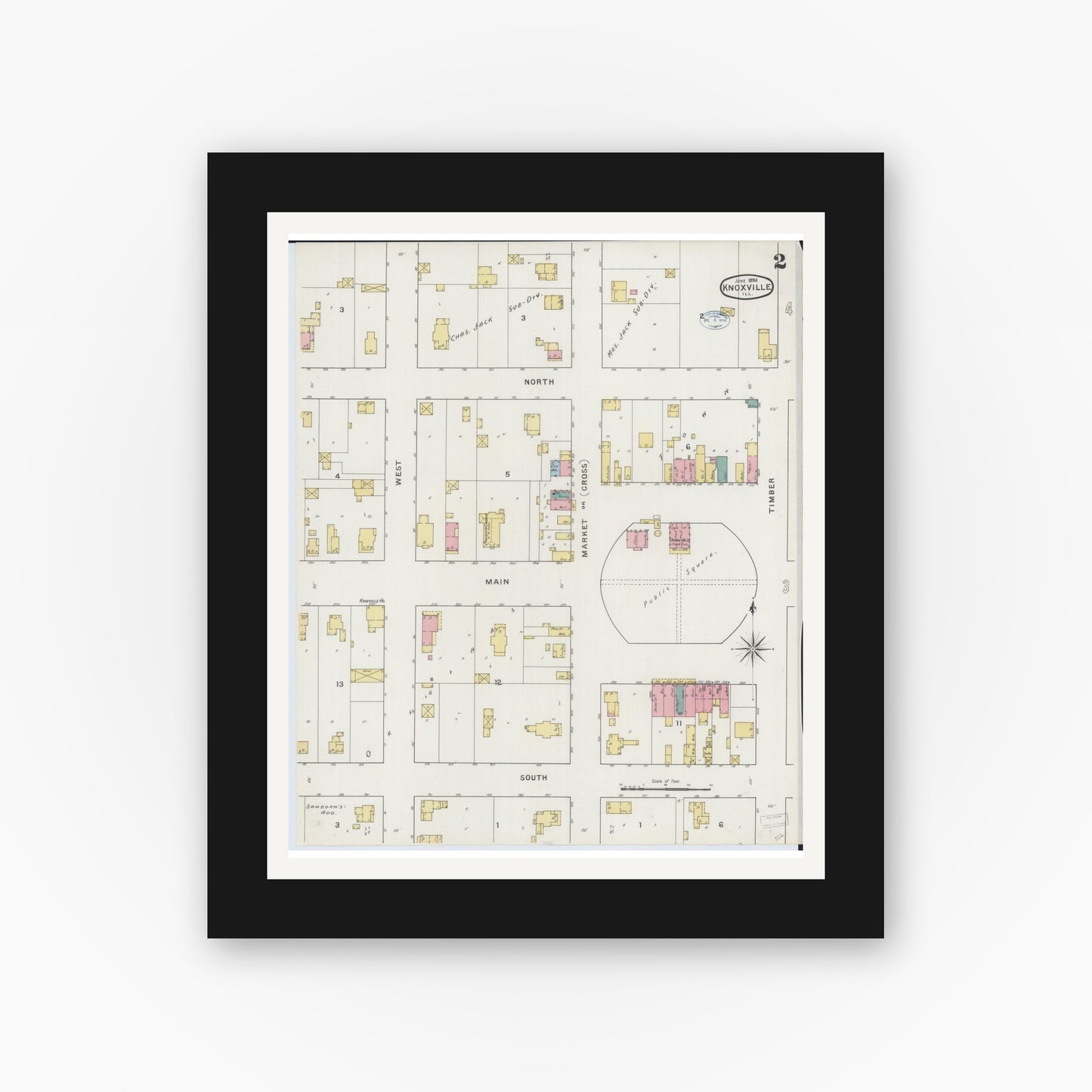 Old map wall art mockup — black gallery frame with white mat — Sanborn Fire Insurance Map from Knoxville, Knox County, Illinois (1894), Sheet #0002