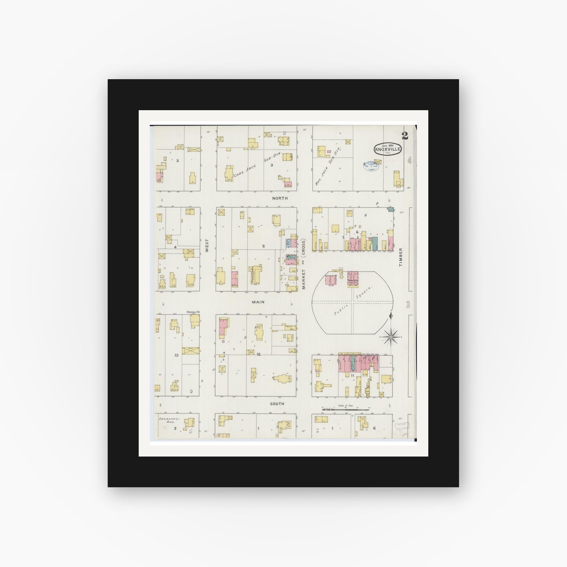 Old map wall art mockup — black gallery frame with white mat — Sanborn Fire Insurance Map from Knoxville, Knox County, Illinois (1894), Sheet #0002
