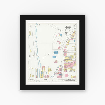Old map wall art mockup — black gallery frame with white mat — Sanborn Fire Insurance Map from Chambersburg, Franklin County, Pennsylvania (1924), Sheet #0009