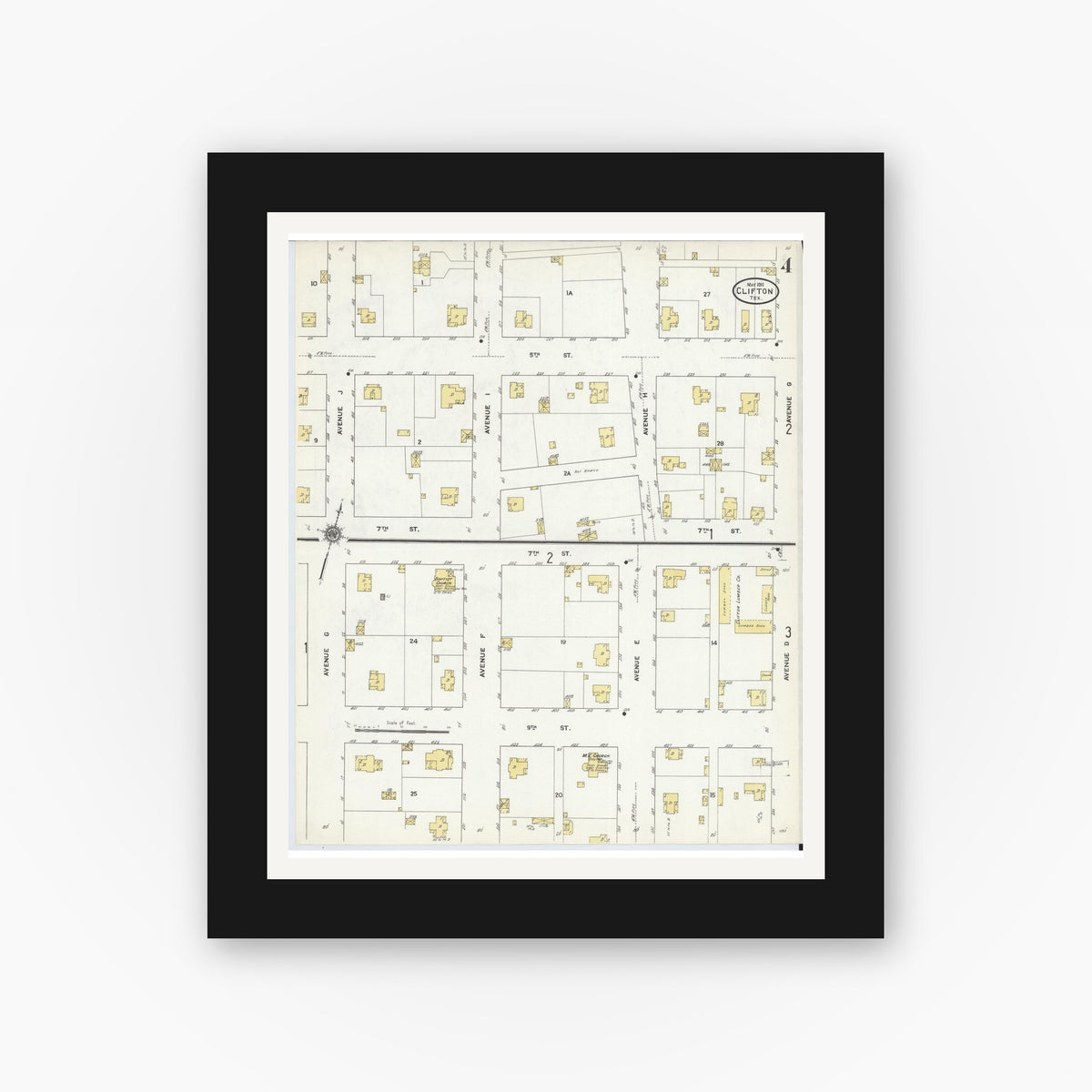 Old map wall art mockup — black gallery frame with white mat — Sanborn Fire Insurance Map from Clifton, Bosque County, Texas (1911), Sheet #0004