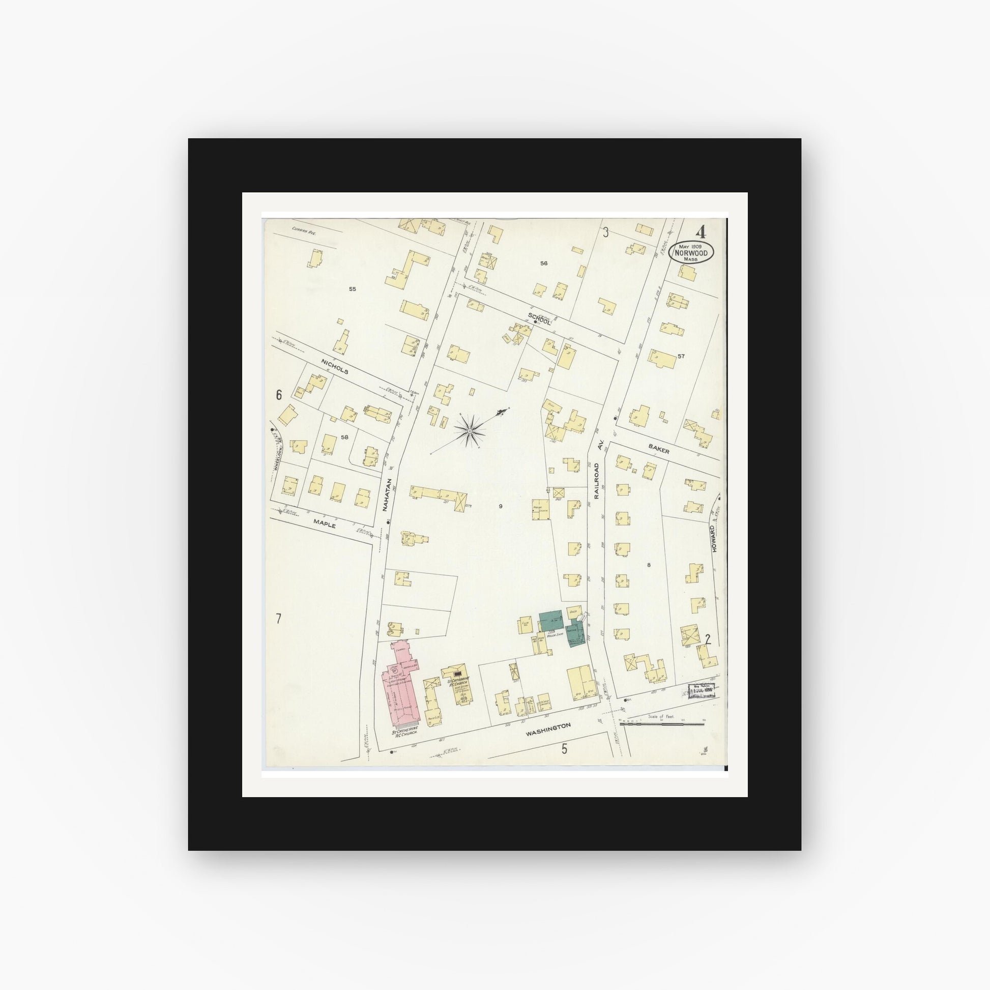 Old map wall art mockup — black gallery frame with white mat — Sanborn Fire Insurance Map from Norwood, Norfolk County, Massachusetts (1909), Sheet #0004
