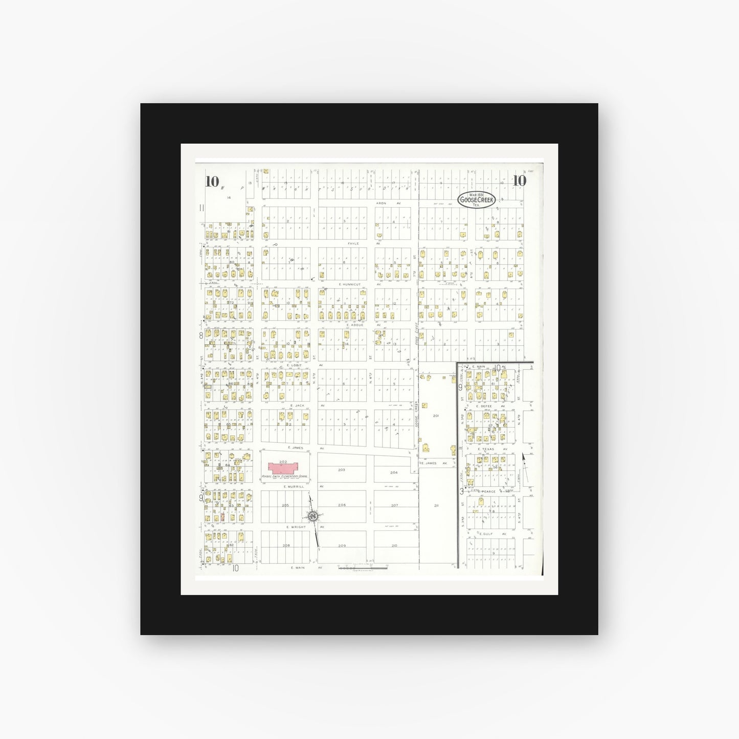 Old map wall art mockup — black gallery frame with white mat — Sanborn Fire Insurance Map from Goose Creek, Harris County, Texas (1931), Sheet #0010