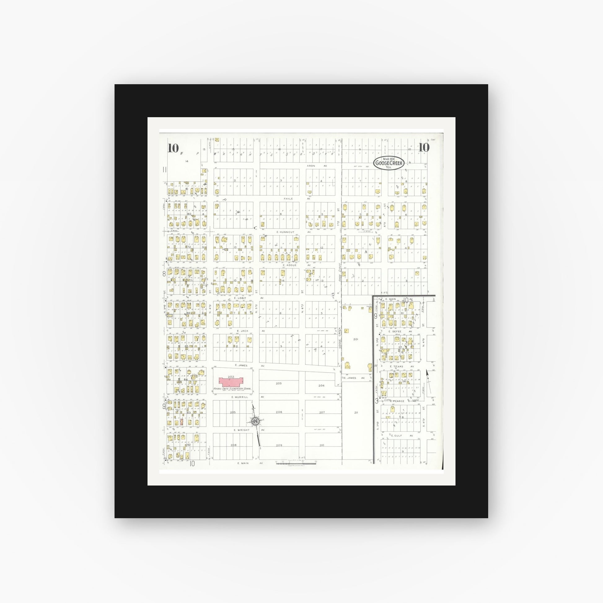 Old map wall art mockup — black gallery frame with white mat — Sanborn Fire Insurance Map from Goose Creek, Harris County, Texas (1931), Sheet #0010