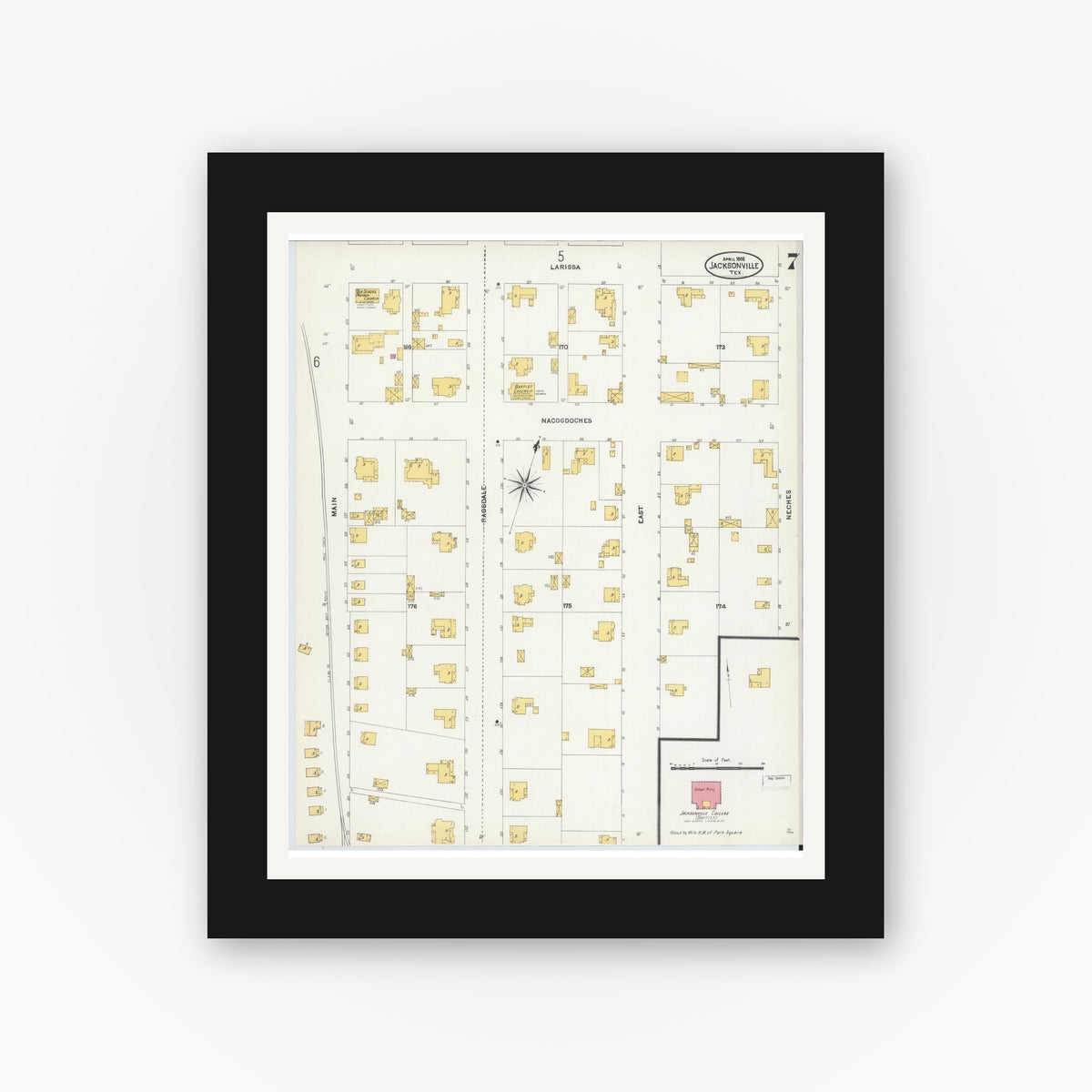 Old map wall art mockup — black gallery frame with white mat — Sanborn Fire Insurance Map from Jacksonville, Cherokee County, Texas (1906), Sheet #0007