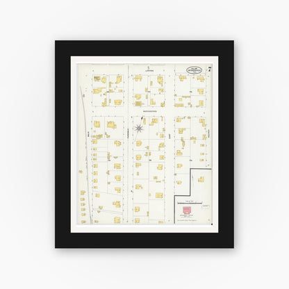 Old map wall art mockup — black gallery frame with white mat — Sanborn Fire Insurance Map from Jacksonville, Cherokee County, Texas (1906), Sheet #0007