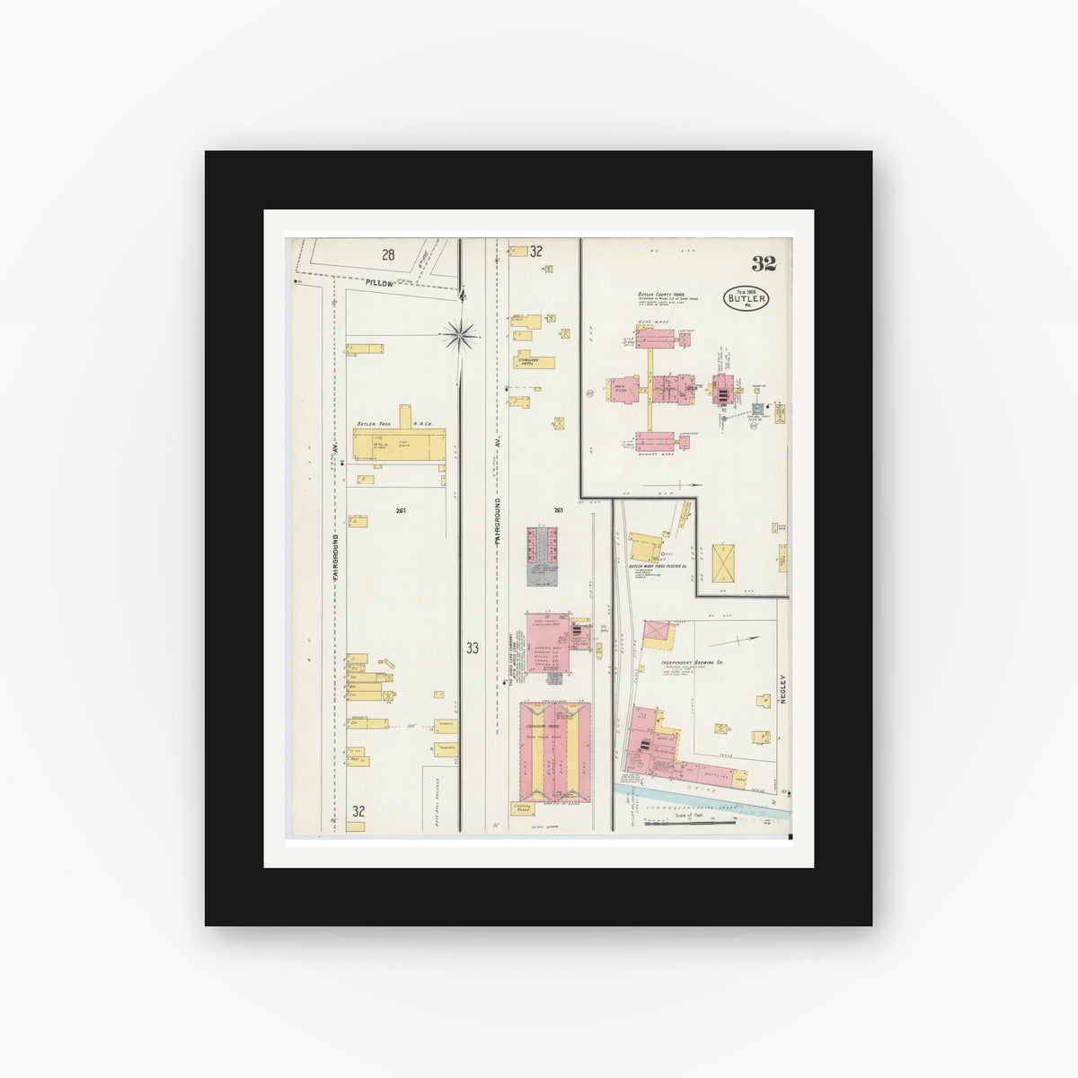 Old map wall art mockup — black gallery frame with white mat — Sanborn Fire Insurance Map from Butler, Butler County, Pennsylvania (1906), Sheet #0032