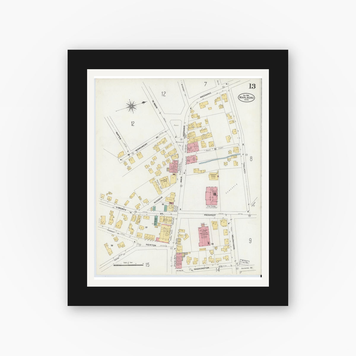 Old map wall art mockup — black gallery frame with white mat — Sanborn Fire Insurance Map from Marlborough, Middlesex County, Massachusetts (1906), Sheet #0013