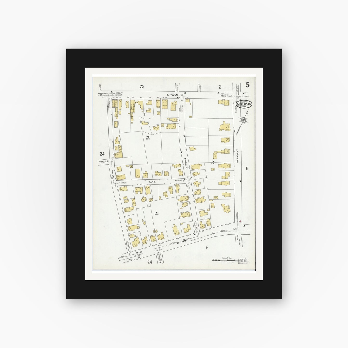 Old map wall art mockup — black gallery frame with white mat — Sanborn Fire Insurance Map from Marlborough, Middlesex County, Massachusetts (1920), Sheet #0005