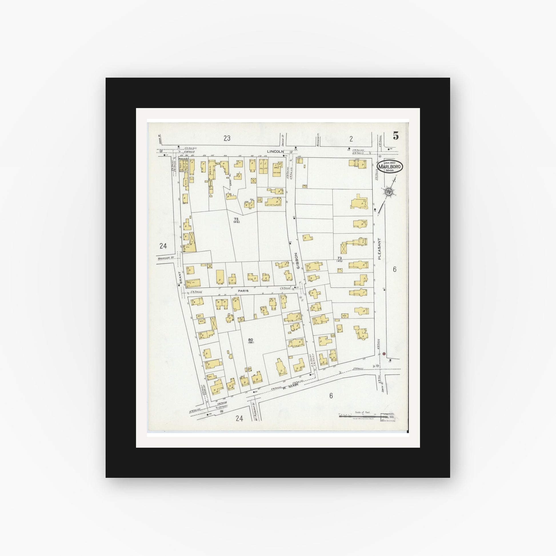 Old map wall art mockup — black gallery frame with white mat — Sanborn Fire Insurance Map from Marlborough, Middlesex County, Massachusetts (1920), Sheet #0005