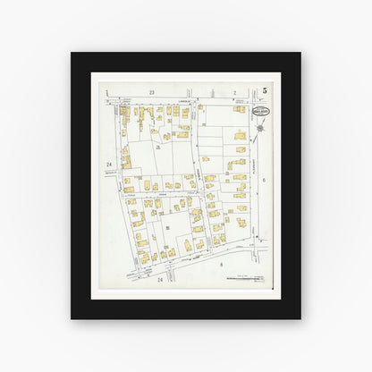 Old map wall art mockup — black gallery frame with white mat — Sanborn Fire Insurance Map from Marlborough, Middlesex County, Massachusetts (1920), Sheet #0005