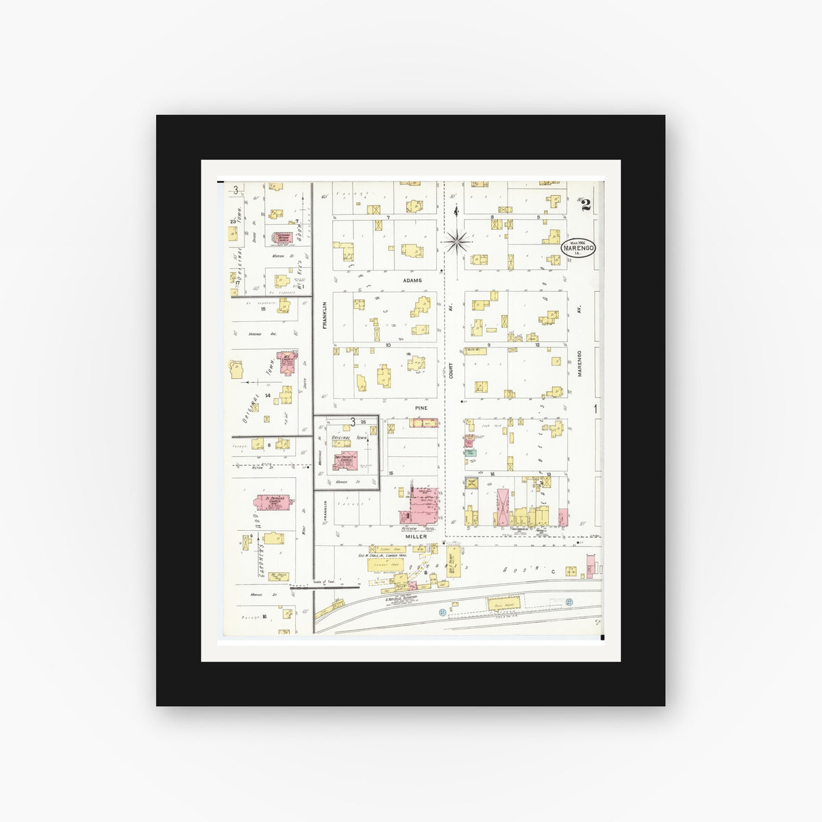 Old map wall art mockup — black gallery frame with white mat — Sanborn Fire Insurance Map from Marengo, Iowa County, Iowa (1906), Sheet #0002