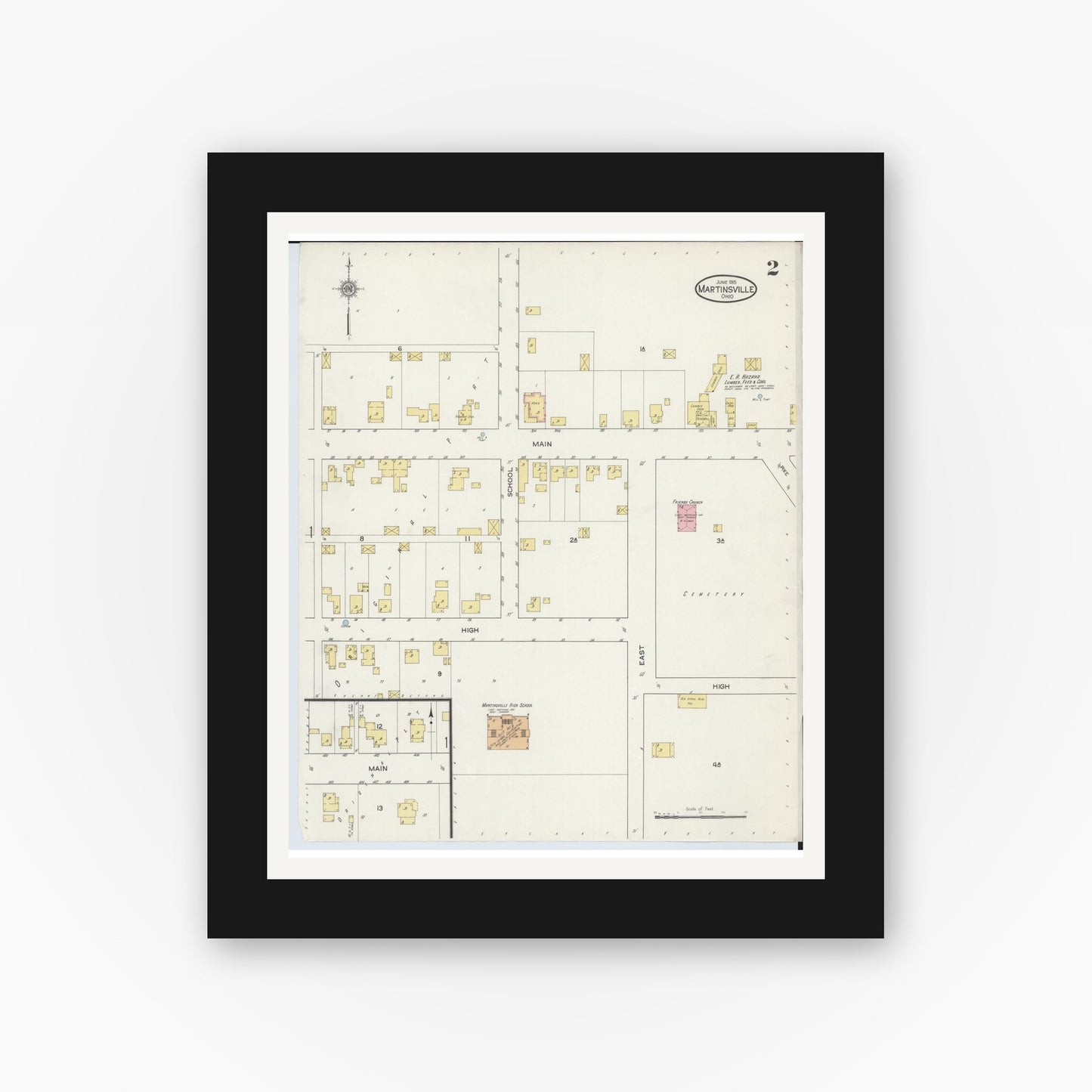 Old map wall art mockup — black gallery frame with white mat — Sanborn Fire Insurance Map from Martinsville, Clinton County, Ohio (1915), Sheet #0002