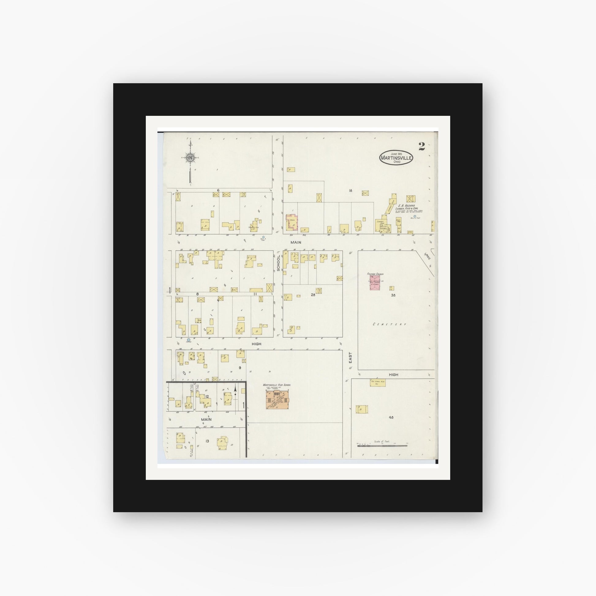 Old map wall art mockup — black gallery frame with white mat — Sanborn Fire Insurance Map from Martinsville, Clinton County, Ohio (1915), Sheet #0002