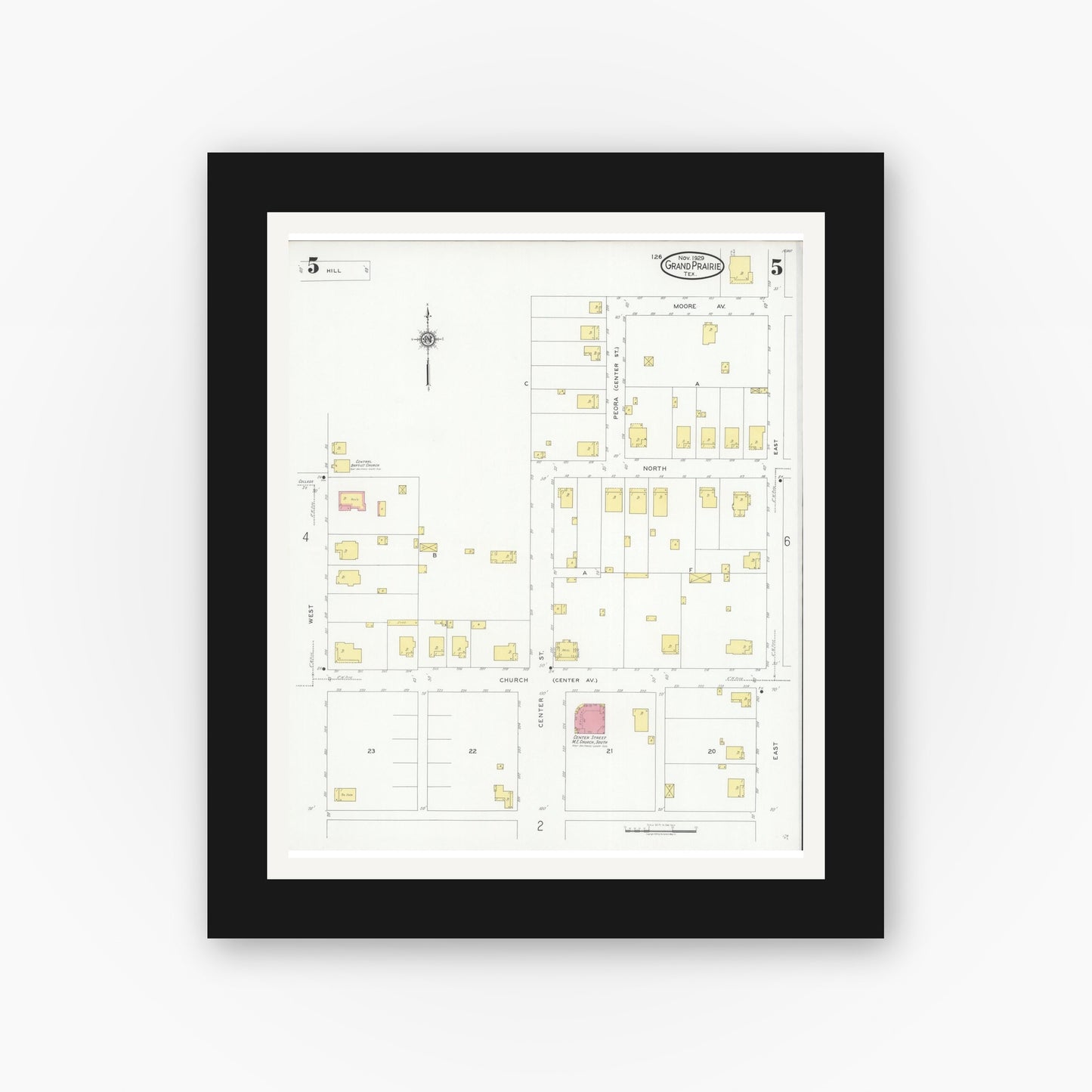 Old map wall art mockup — black gallery frame with white mat — Sanborn Fire Insurance Map from Grand Prairie, Dallas County, Texas (1929), Sheet #0005