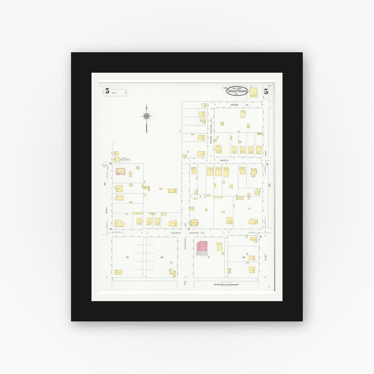 Old map wall art mockup — black gallery frame with white mat — Sanborn Fire Insurance Map from Grand Prairie, Dallas County, Texas (1929), Sheet #0005