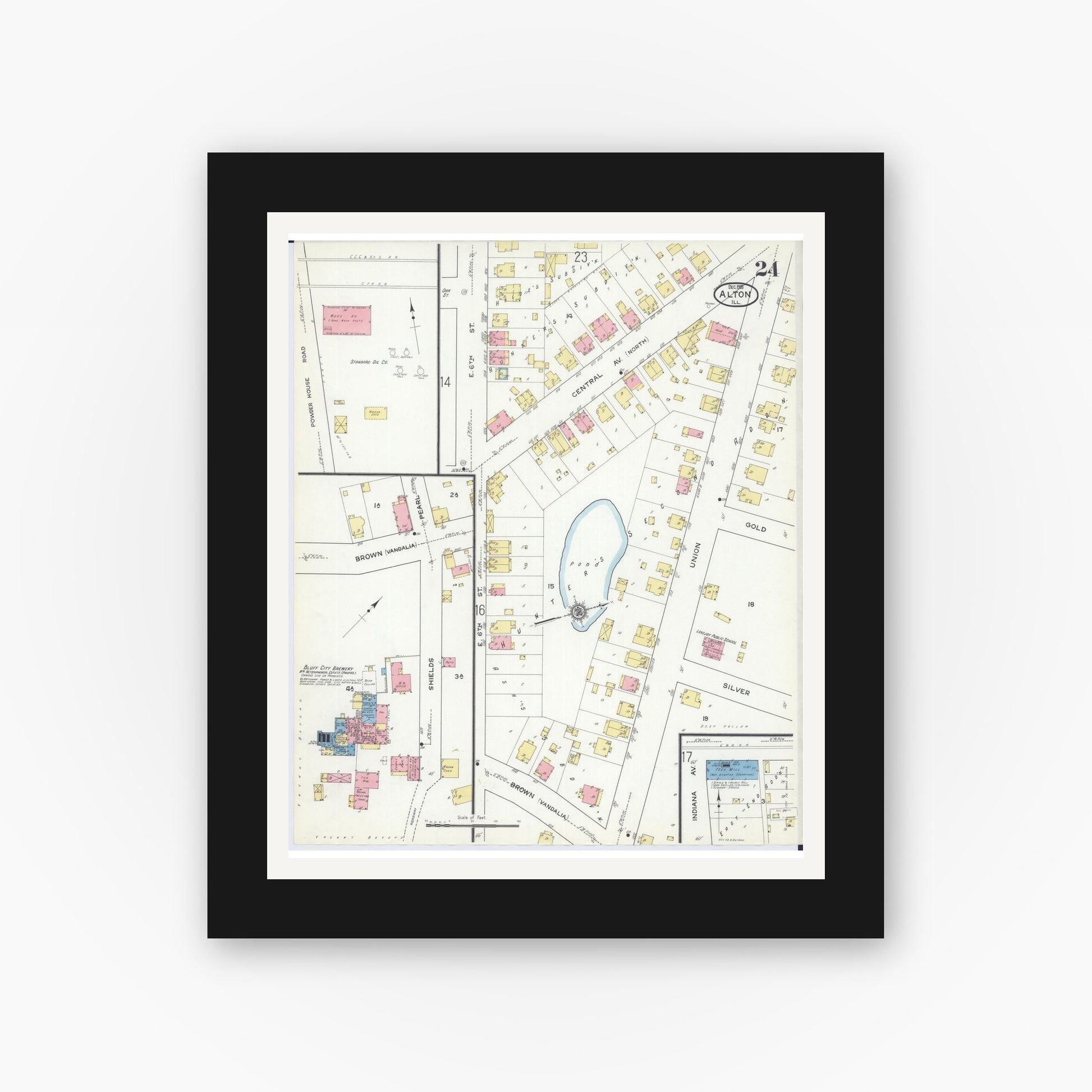 Old map wall art mockup — black gallery frame with white mat — Sanborn Fire Insurance Map from Alton, Madison County, Illinois (1915), Sheet #0024