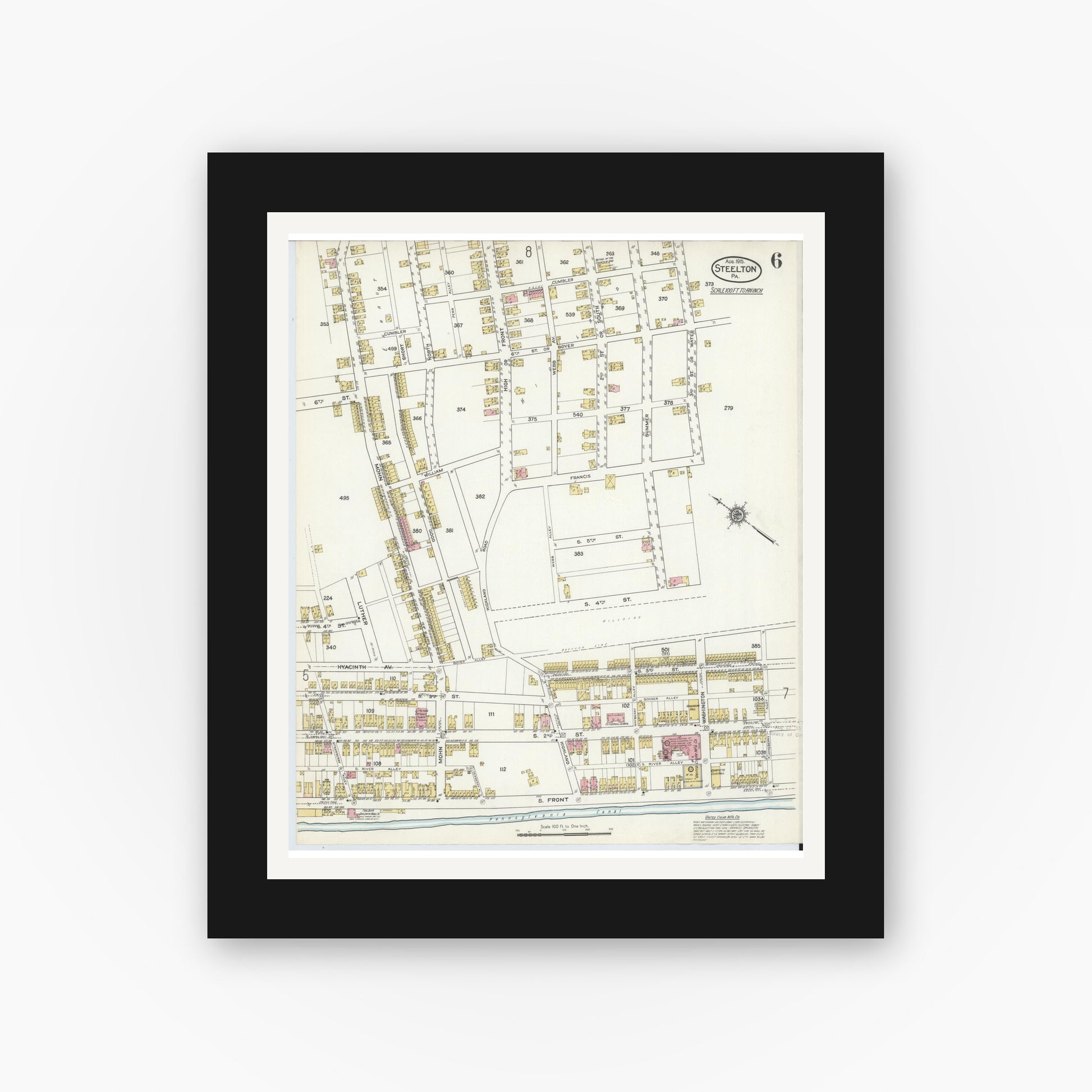 Old map wall art mockup — black gallery frame with white mat — Sanborn Fire Insurance Map from Steelton, Dauphin County, Pennsylvania (1915), Sheet #0006
