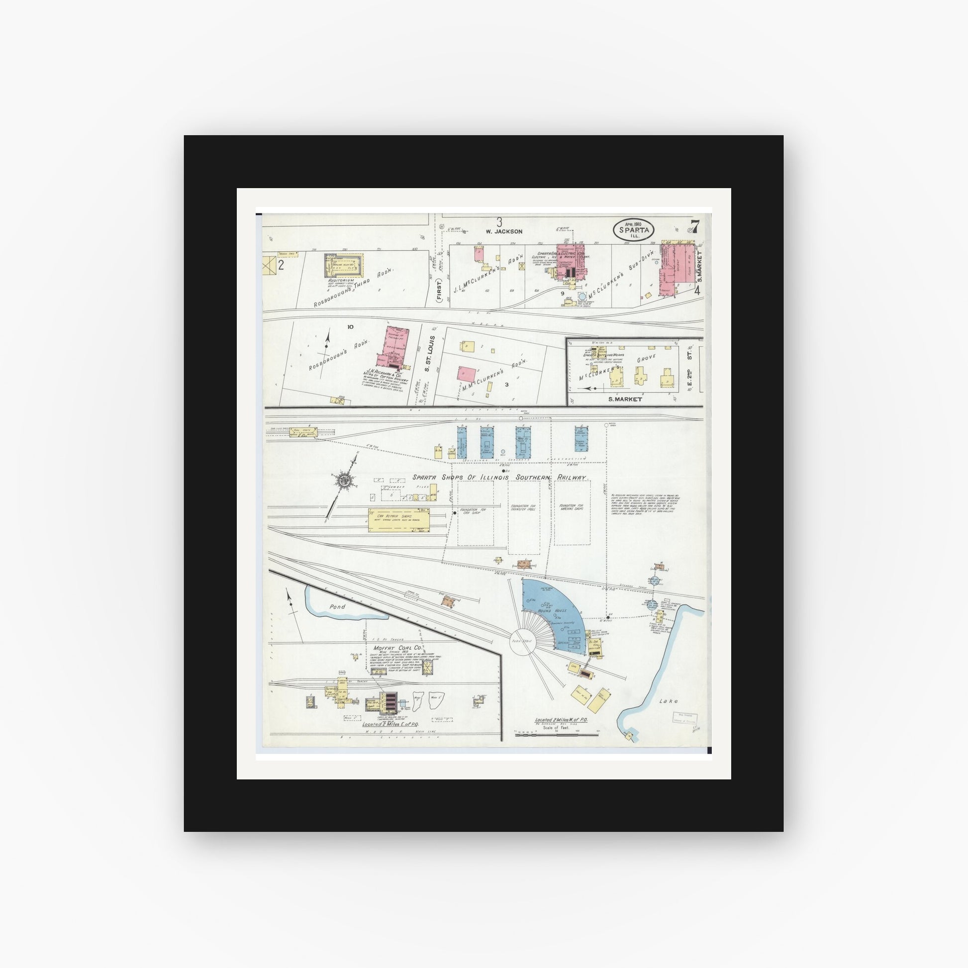 Old map wall art mockup — black gallery frame with white mat — Sanborn Fire Insurance Map from Sparta, Randolph County, Illinois (1910), Sheet #0007