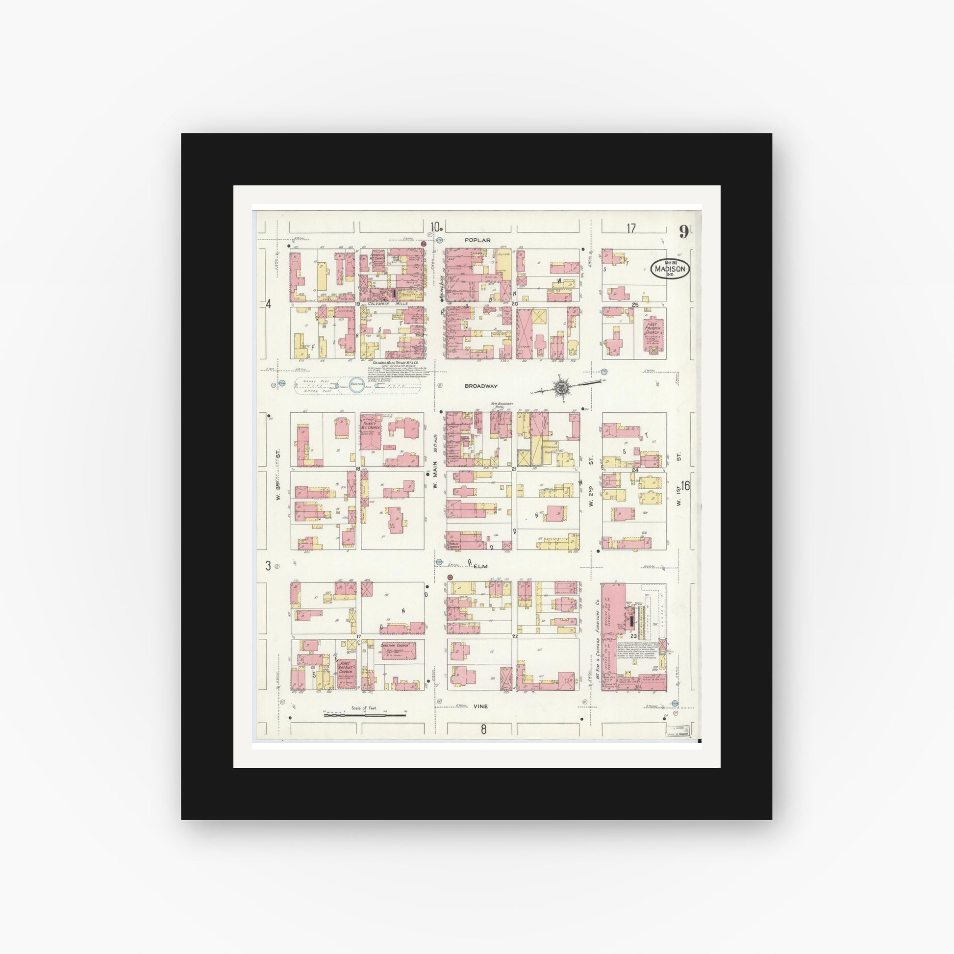 Old map wall art mockup — black gallery frame with white mat — Sanborn Fire Insurance Map from Madison, Jefferson County, Indiana (1911), Sheet #0009