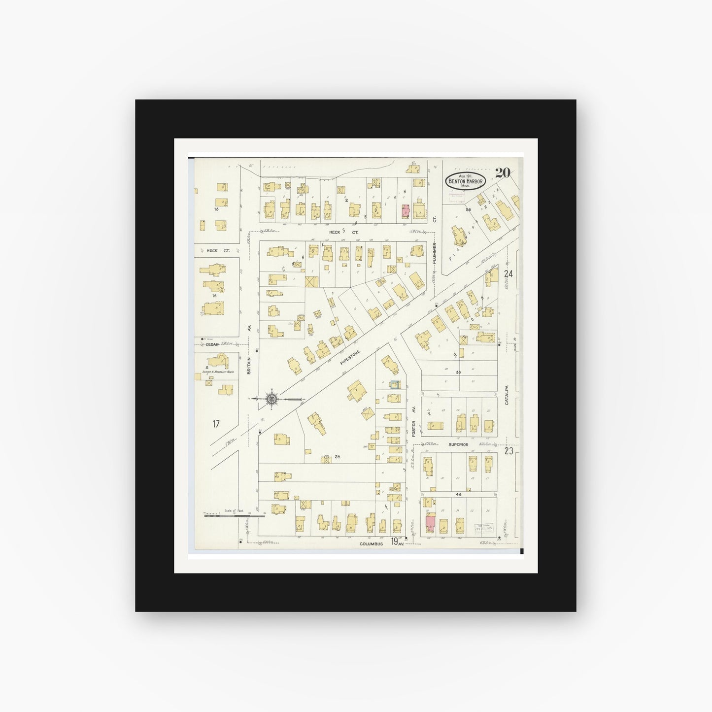 Old map wall art mockup — black gallery frame with white mat — Sanborn Fire Insurance Map from Benton Harbor, Berrien County, Michigan (1911), Sheet #0020