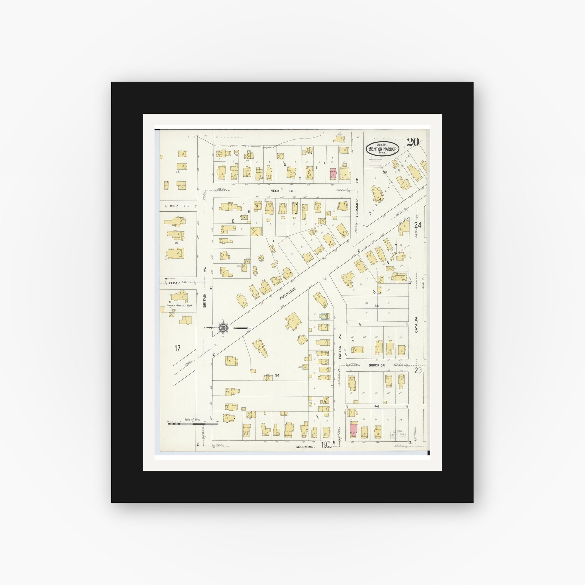 Old map wall art mockup — black gallery frame with white mat — Sanborn Fire Insurance Map from Benton Harbor, Berrien County, Michigan (1911), Sheet #0020