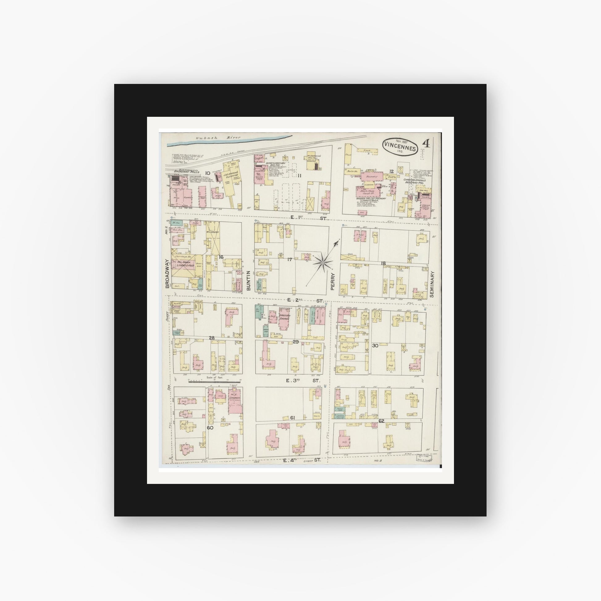 Old map wall art mockup — black gallery frame with white mat — Sanborn Fire Insurance Map from Vincennes, Knox County, Indiana (1887), Sheet #0004