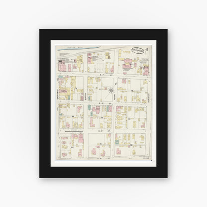 Old map wall art mockup — black gallery frame with white mat — Sanborn Fire Insurance Map from Vincennes, Knox County, Indiana (1887), Sheet #0004