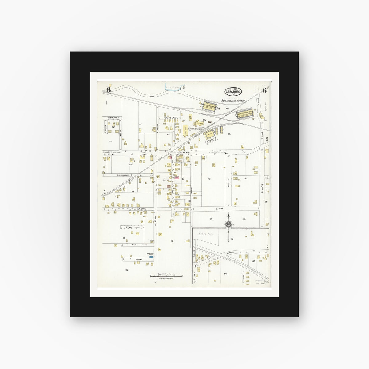 Old map wall art mockup — black gallery frame with white mat — Sanborn Fire Insurance Map from Leesburg, Lake County, Florida (1924), Sheet #0006