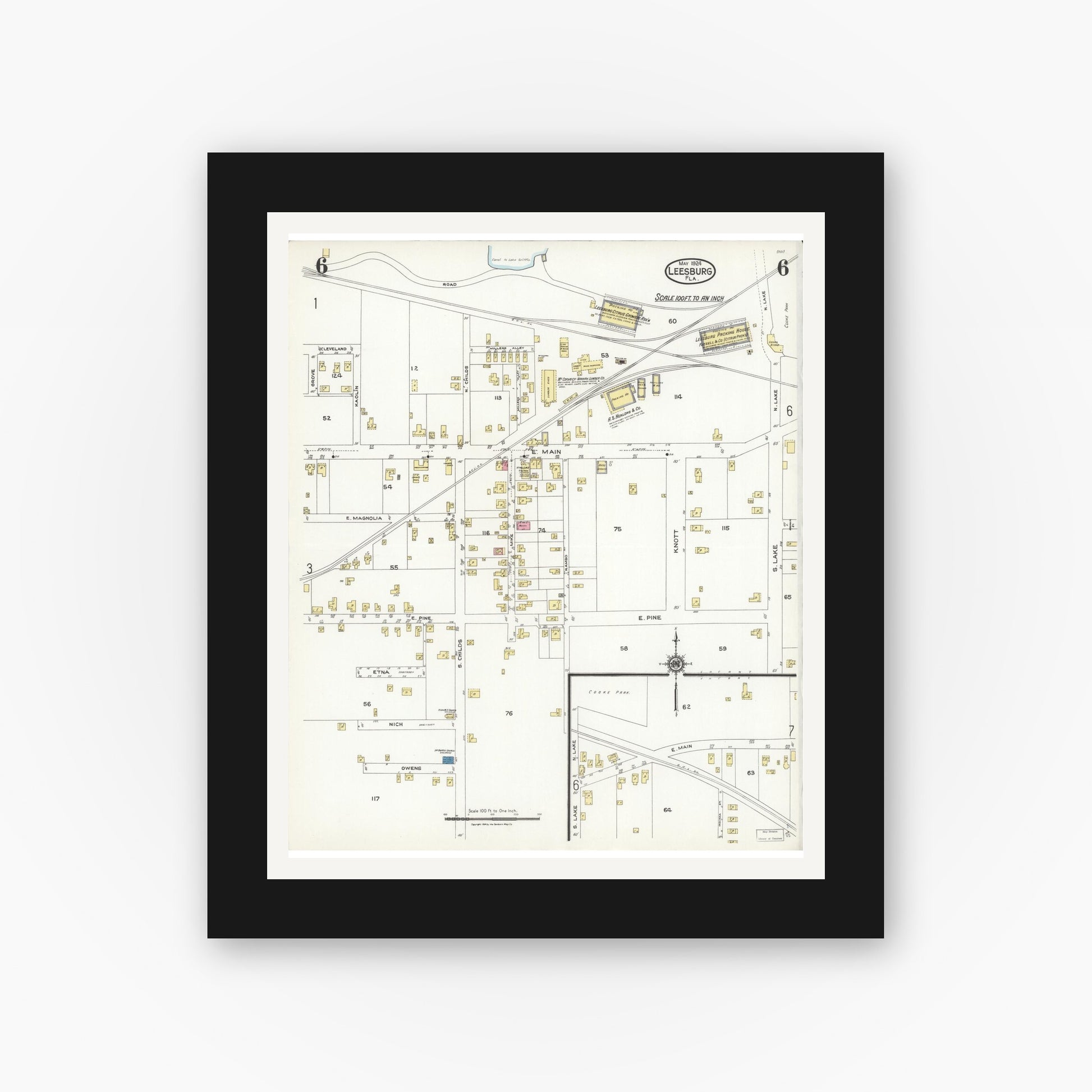 Old map wall art mockup — black gallery frame with white mat — Sanborn Fire Insurance Map from Leesburg, Lake County, Florida (1924), Sheet #0006