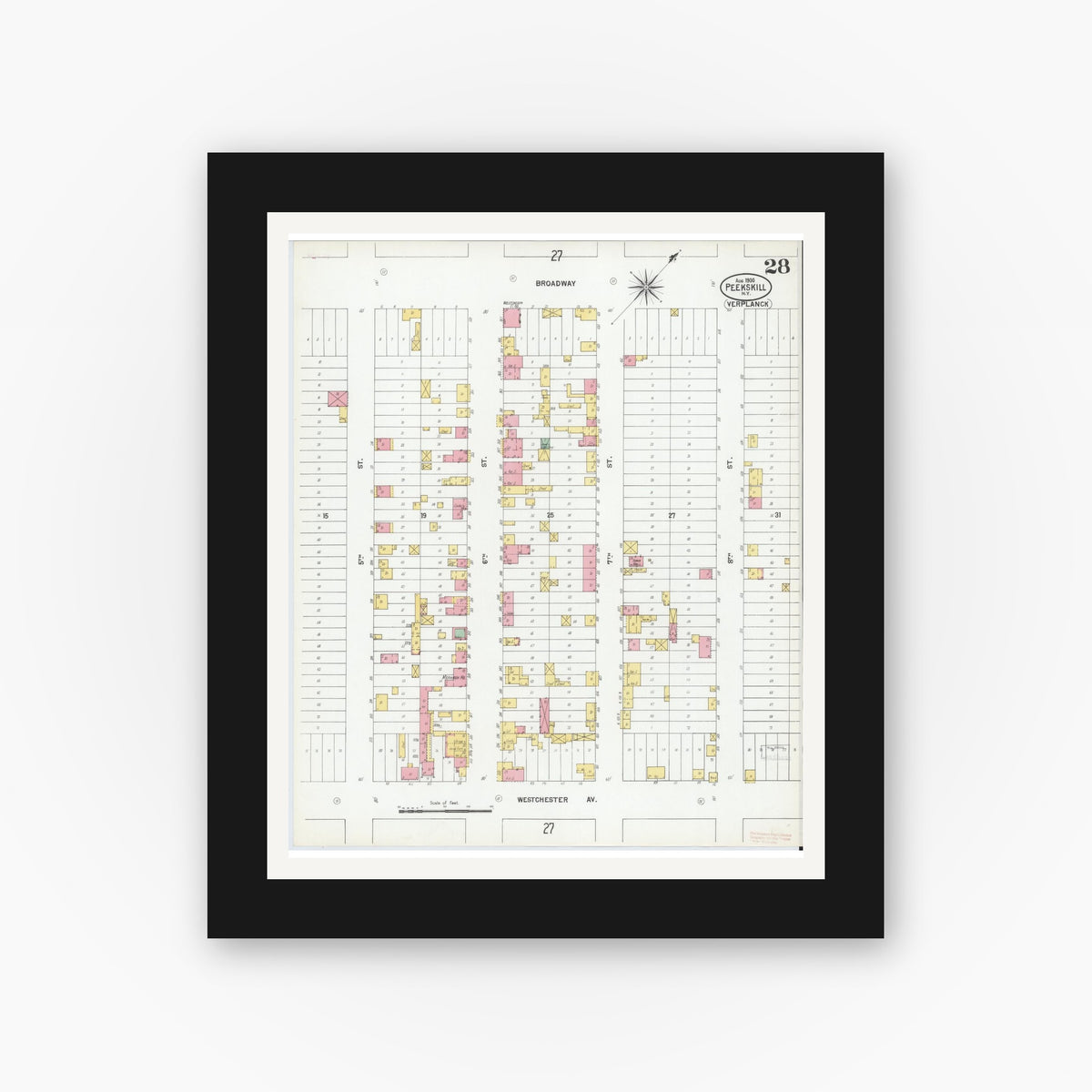 Old map wall art mockup — black gallery frame with white mat — Sanborn Fire Insurance Map from Peekskill, Westchester County, New York (1900), Sheet #0028