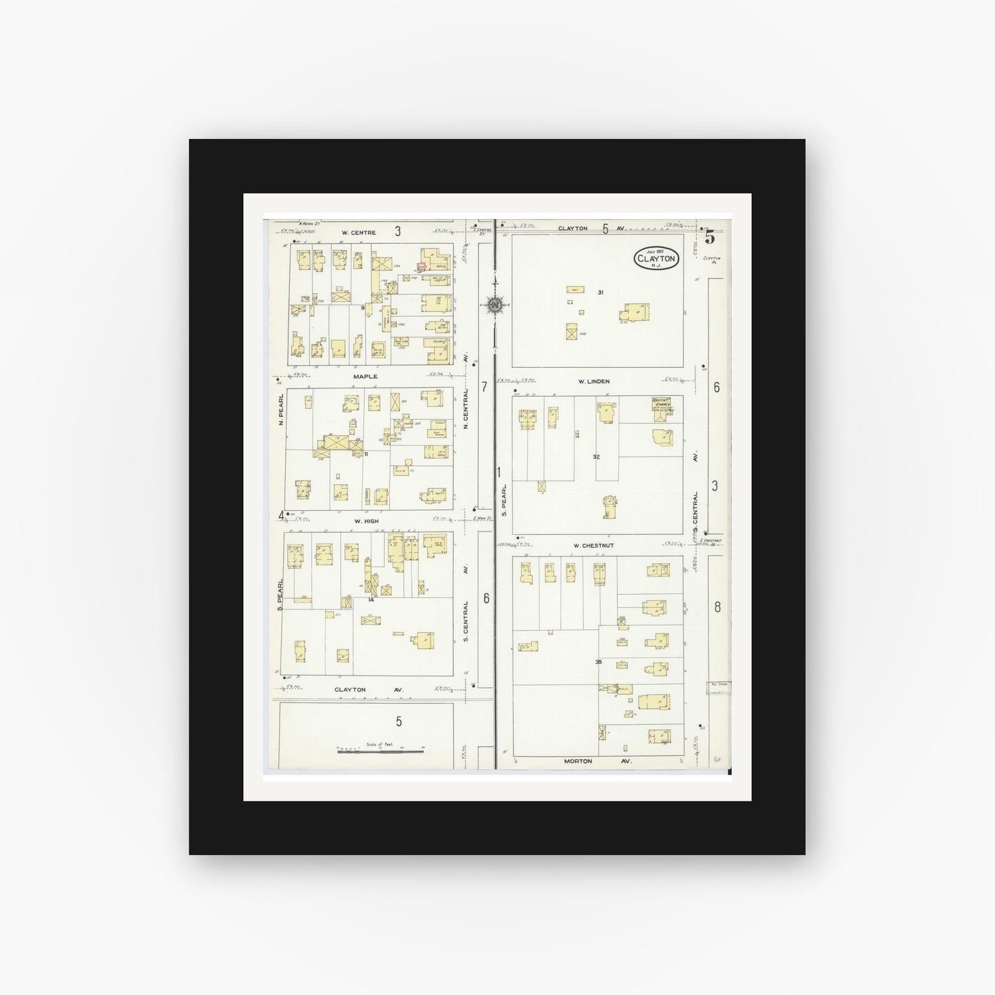 Old map wall art mockup — black gallery frame with white mat — Sanborn Fire Insurance Map from Clayton, Gloucester County, New Jersey (1910), Sheet #0005