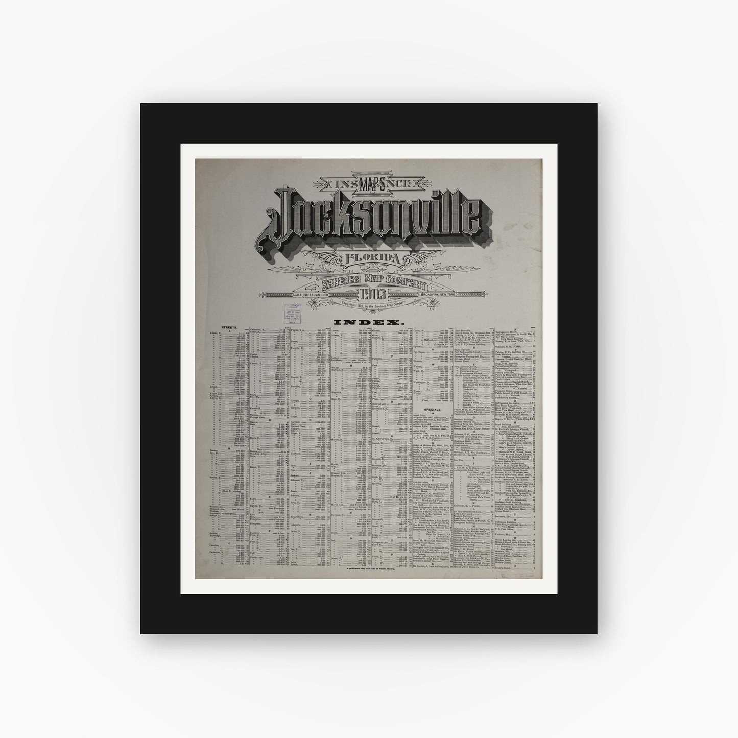 Old map wall art mockup — black gallery frame with white mat — Sanborn Fire Insurance Map from Jacksonville, Duval County, Florida (1903), Sheet #0001