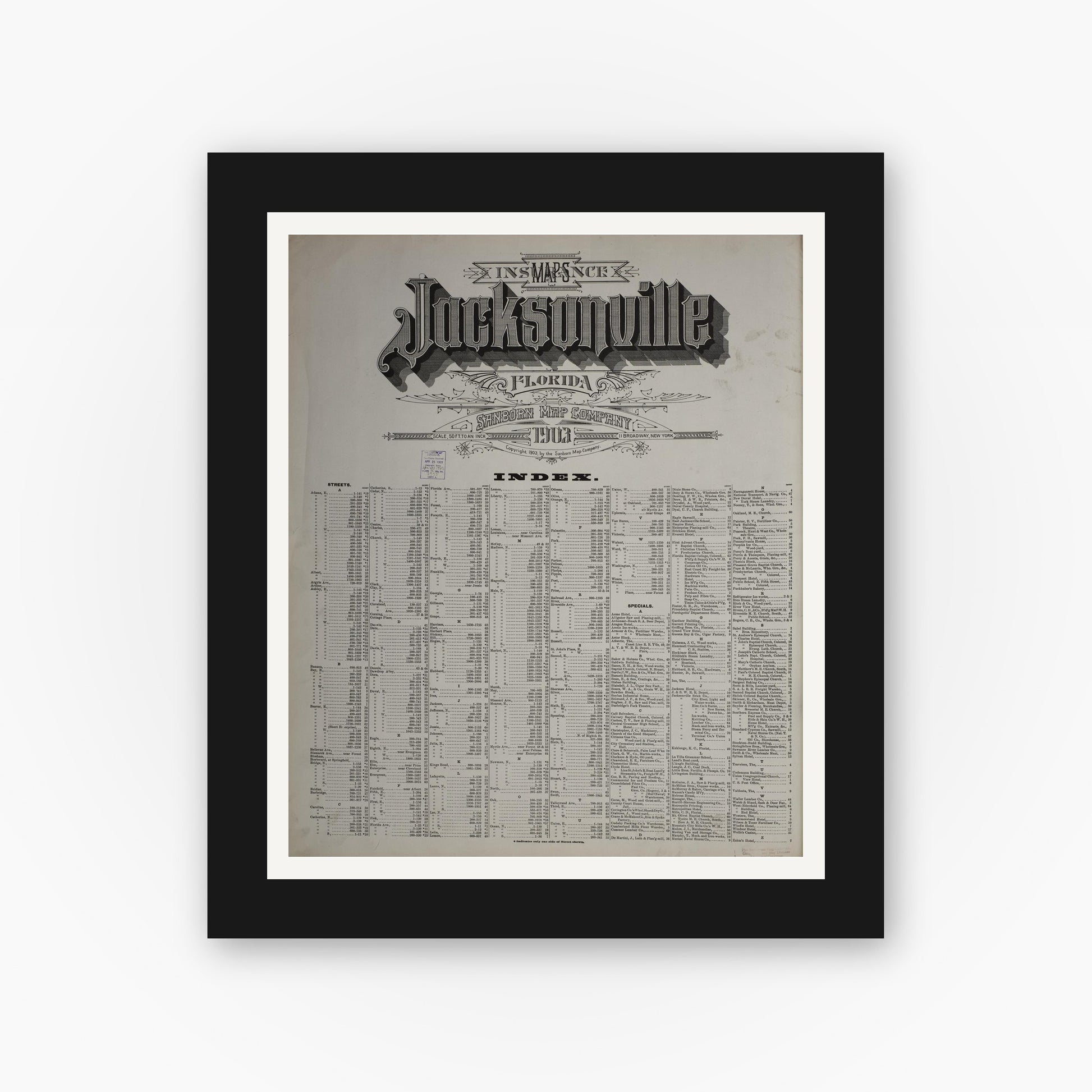 Old map wall art mockup — black gallery frame with white mat — Sanborn Fire Insurance Map from Jacksonville, Duval County, Florida (1903), Sheet #0001