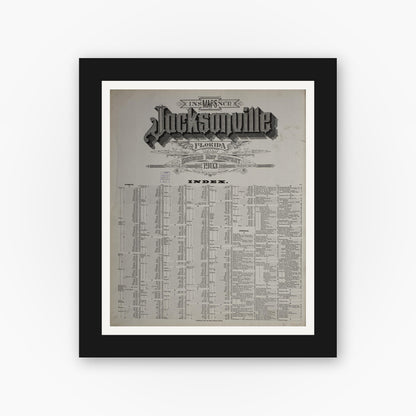 Old map wall art mockup — black gallery frame with white mat — Sanborn Fire Insurance Map from Jacksonville, Duval County, Florida (1903), Sheet #0001