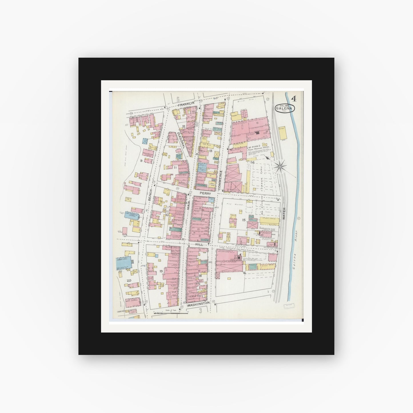 Old map wall art mockup — black gallery frame with white mat — Sanborn Fire Insurance Map from Galena, Jo Daviess County, Illinois (1893), Sheet #0004