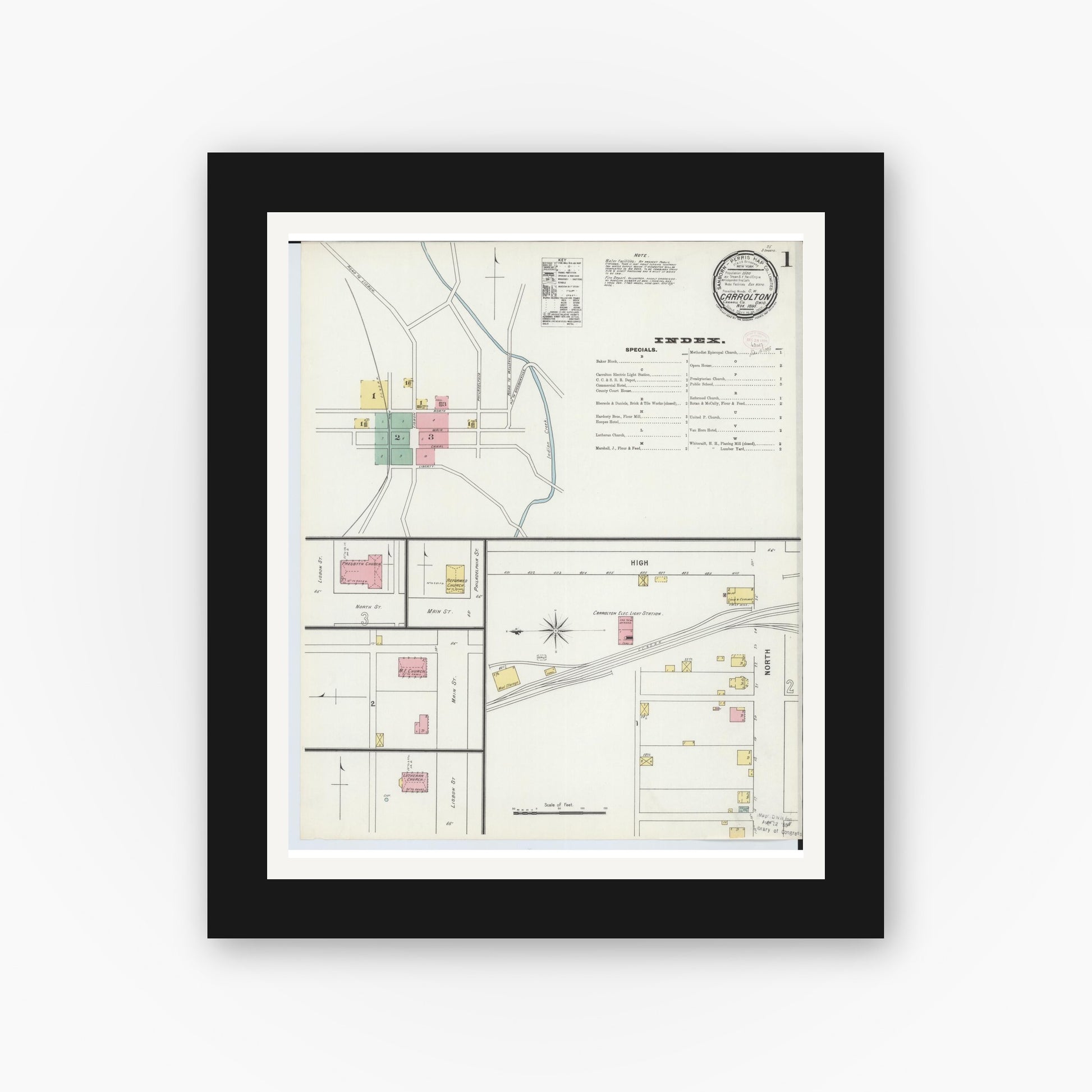 Old map wall art mockup — black gallery frame with white mat — Sanborn Fire Insurance Map from Carrollton, Carroll County, Ohio (1895), Sheet #0001