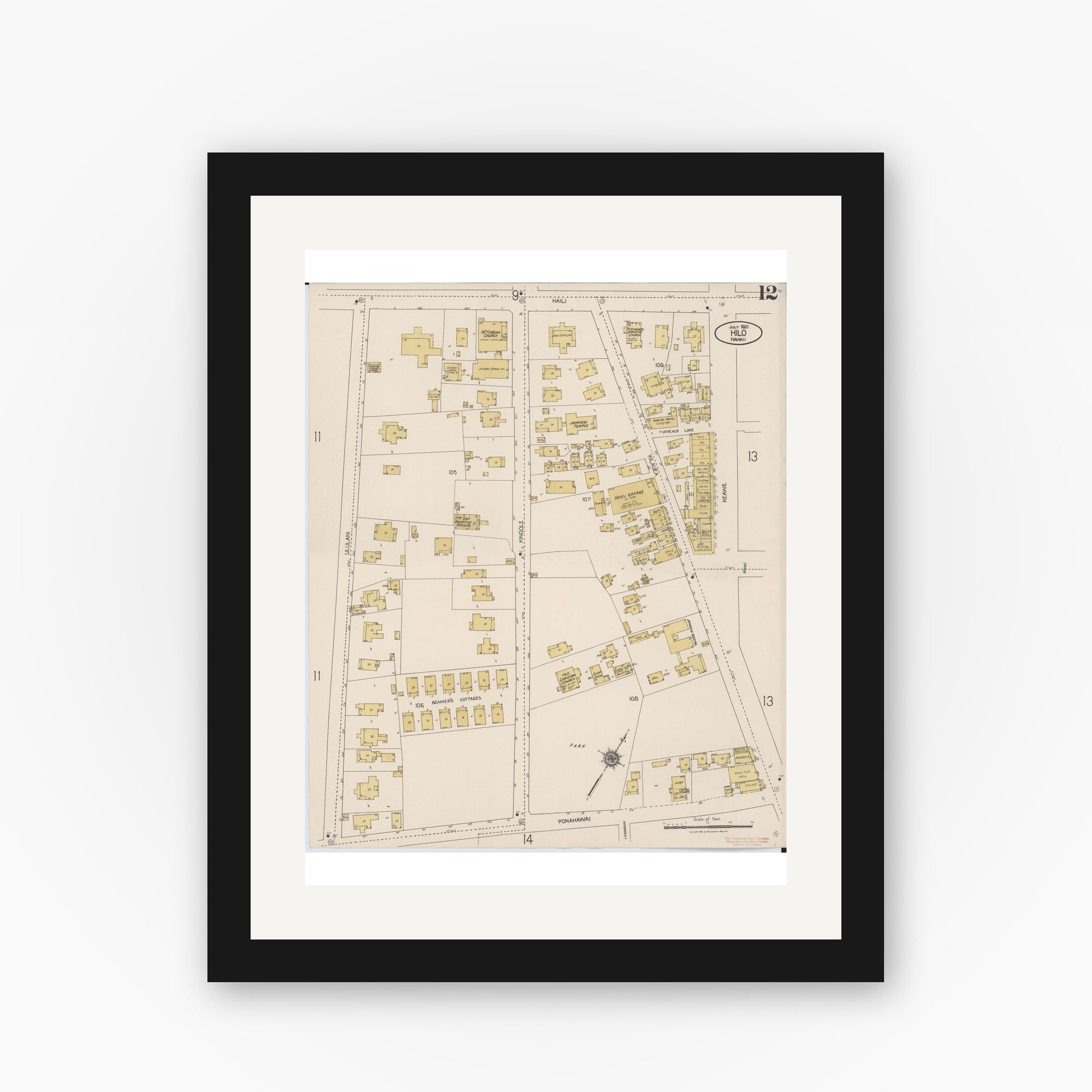 Old map wall art mockup — black gallery frame with white mat — Sanborn Fire Insurance Map from Hilo, Hawaii County, Hawaii (1921), Sheet #0012