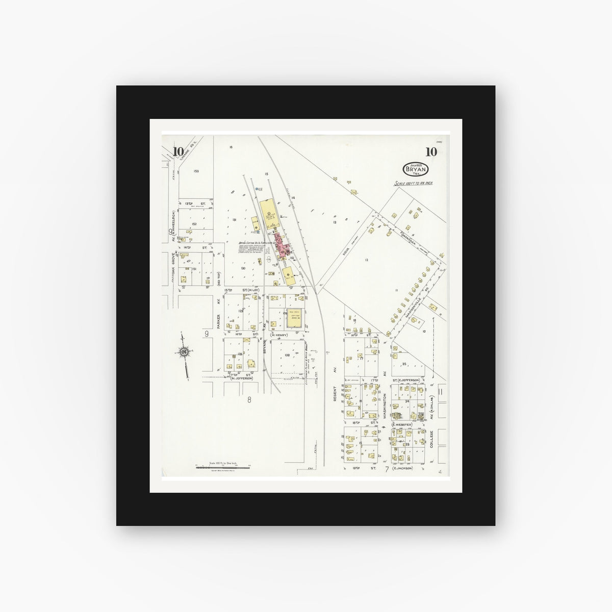 Old map wall art mockup — black gallery frame with white mat — Sanborn Fire Insurance Map from Bryan, Brazos County, Texas (1925), Sheet #0010