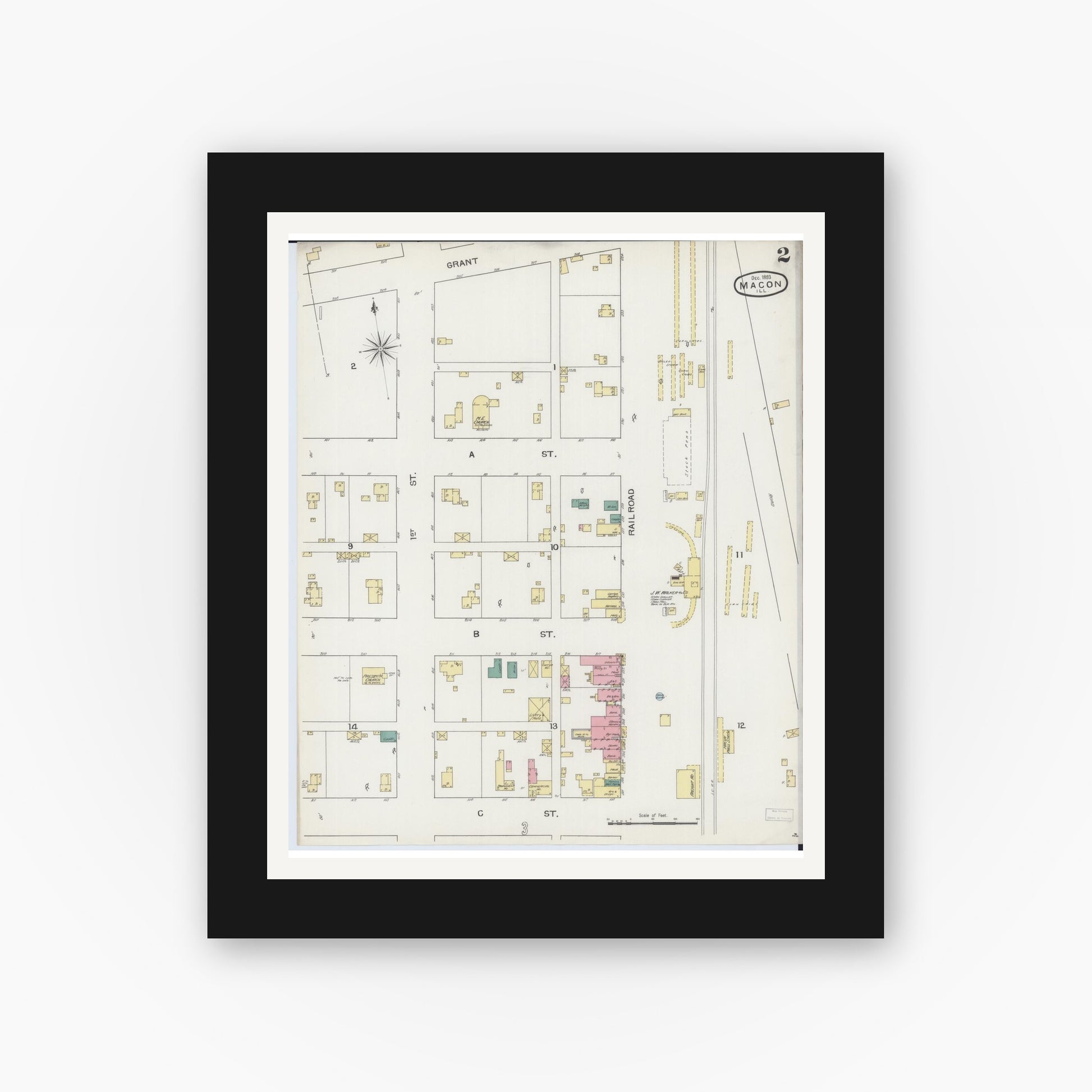 Old map wall art mockup — black gallery frame with white mat — Sanborn Fire Insurance Map from Macon, Macon County, Illinois (1893), Sheet #0002