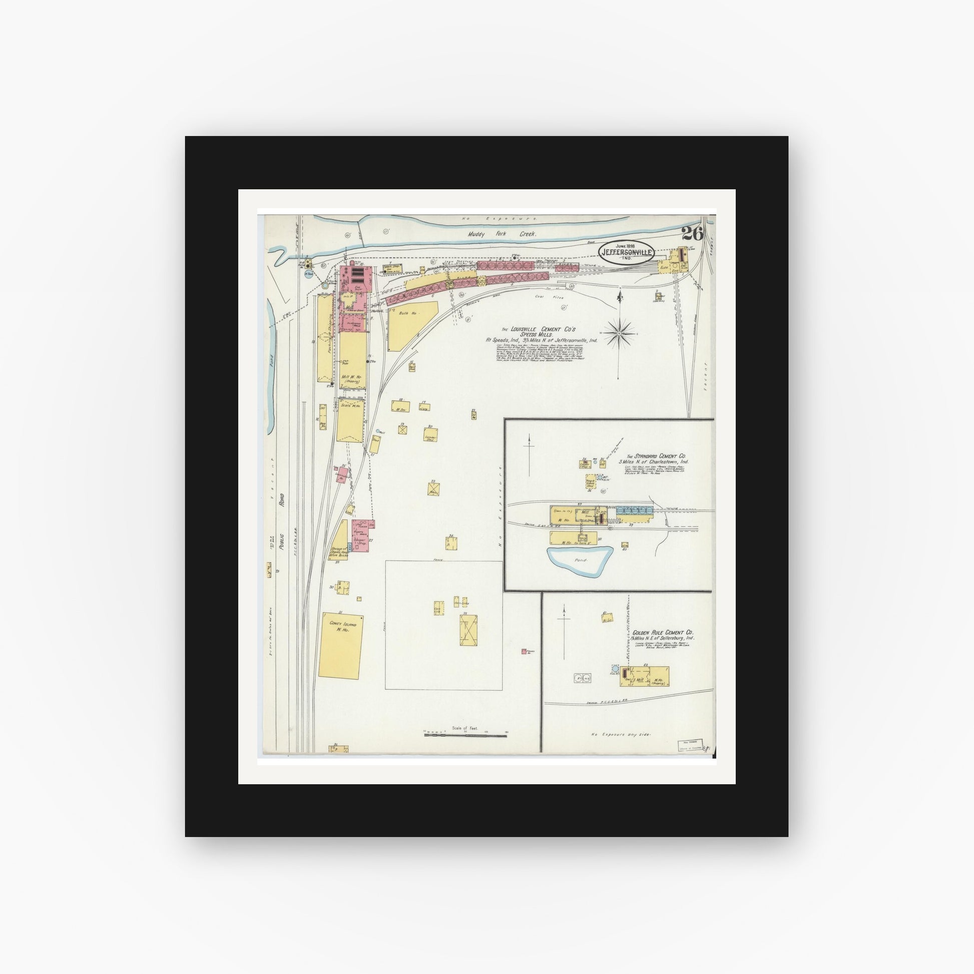 Old map wall art mockup — black gallery frame with white mat — Sanborn Fire Insurance Map from Jeffersonville, Clark County, Indiana (1898), Sheet #0026