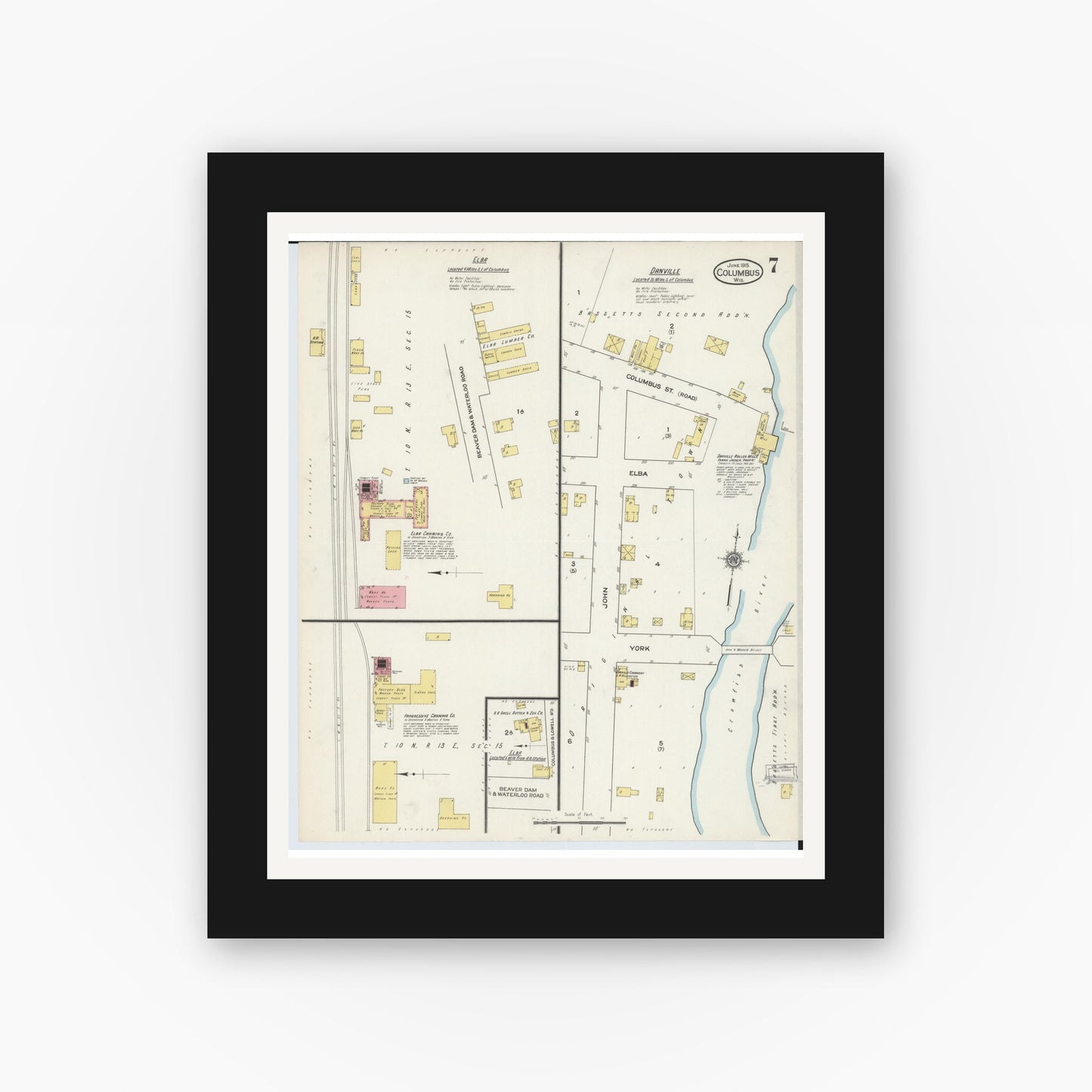 Old map wall art mockup — black gallery frame with white mat — Sanborn Fire Insurance Map from Columbus, Columbia and Dodge County, Wisconsin (1915), Sheet #0007