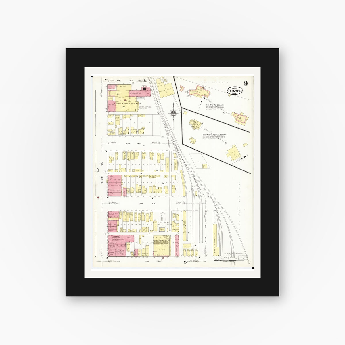 Old map wall art mockup — black gallery frame with white mat — Sanborn Fire Insurance Map from Clinton, Clinton County, Iowa (1917), Sheet #0009